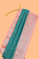 Persian green checked zari butta semi soft silk saree with contrast border and floral design pallu