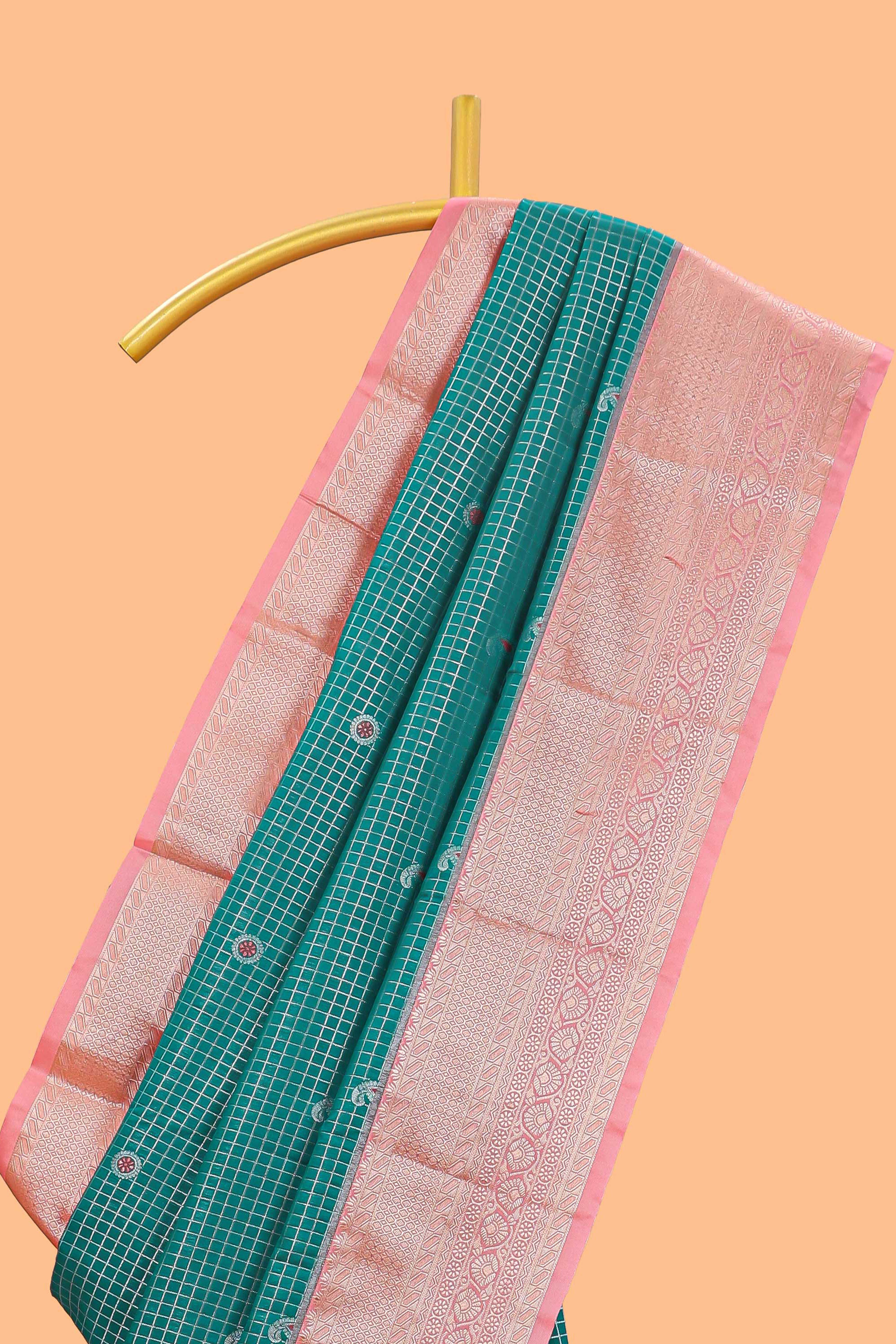 Persian green checked zari butta semi soft silk saree with contrast border and floral design pallu