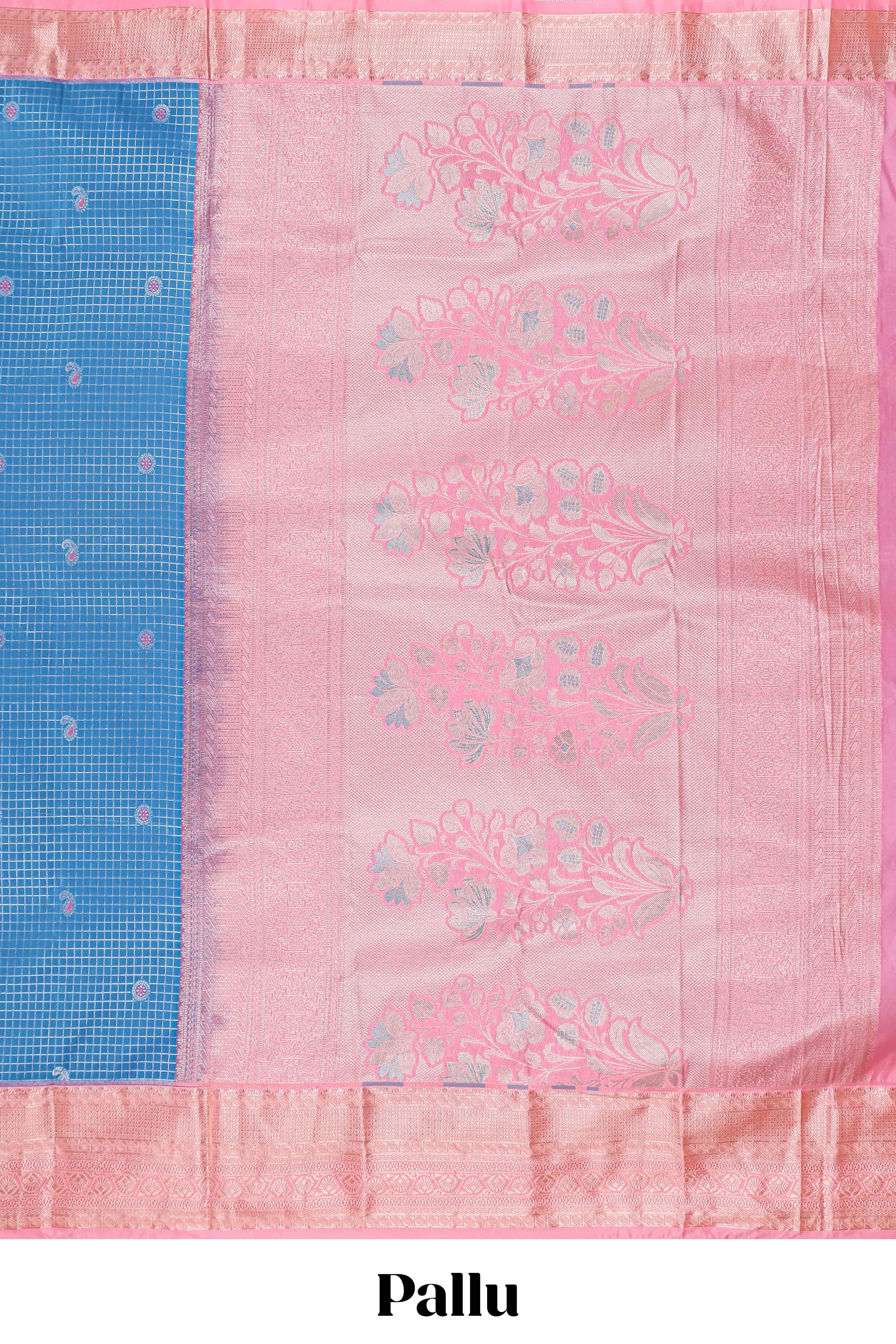 Blue checked zari butta semi soft silk saree with contrast border and floral design pallu