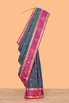 Grey zari butta design semi soft silk saree with contrast bentex border and pallu