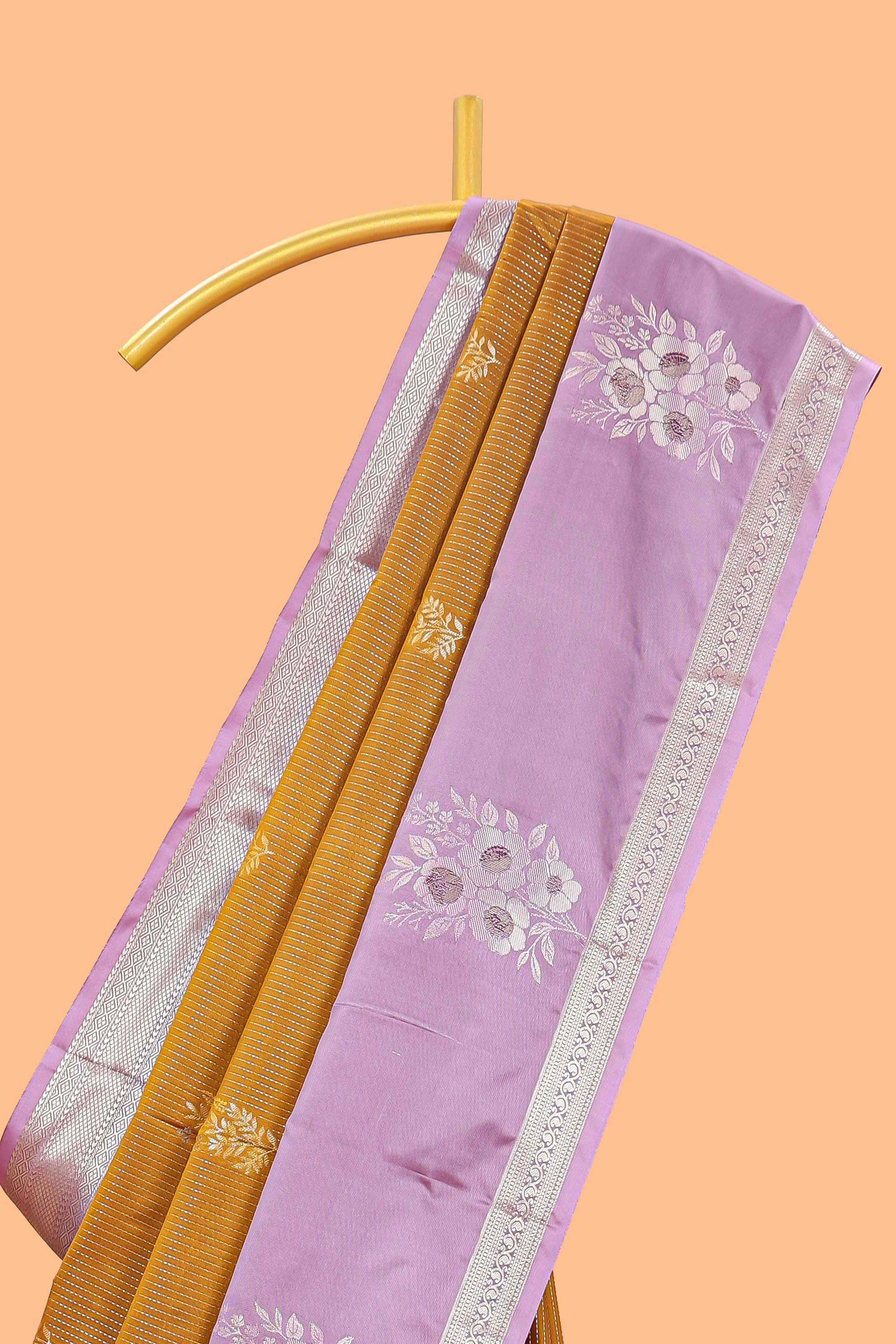 Mustard floral zari design semi soft silk saree with contrast bentex border and pallu