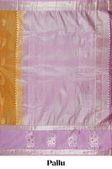 Mustard floral zari design semi soft silk saree with contrast bentex border and pallu