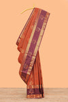 Bright orange striped zari motifs semi soft silk saree with contrast bentex border and pallu