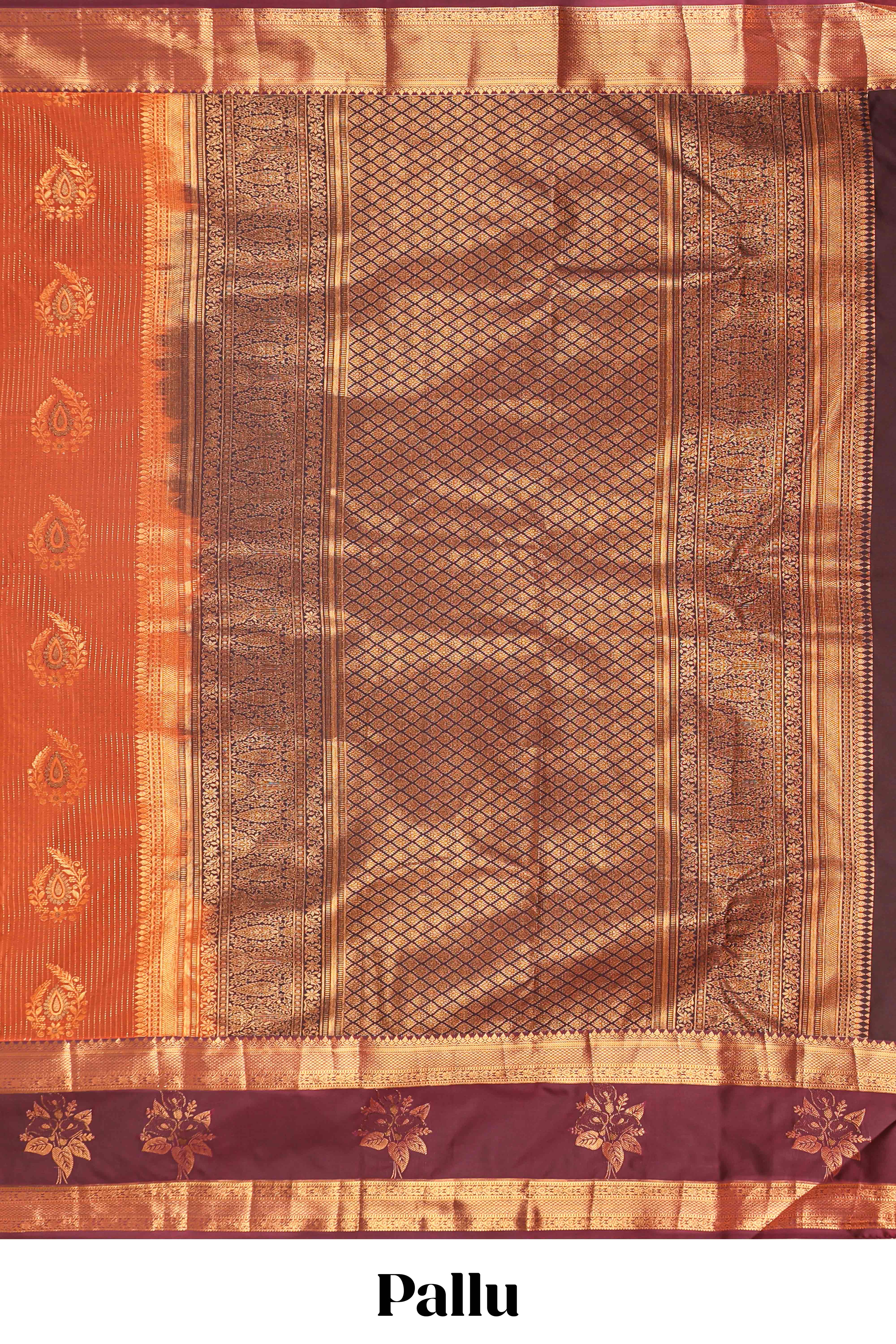 Bright orange striped zari motifs semi soft silk saree with contrast bentex border and pallu