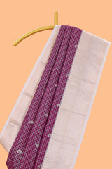 Jam purple checked zari motifs semi soft silk saree with contrast border and floral design pallu