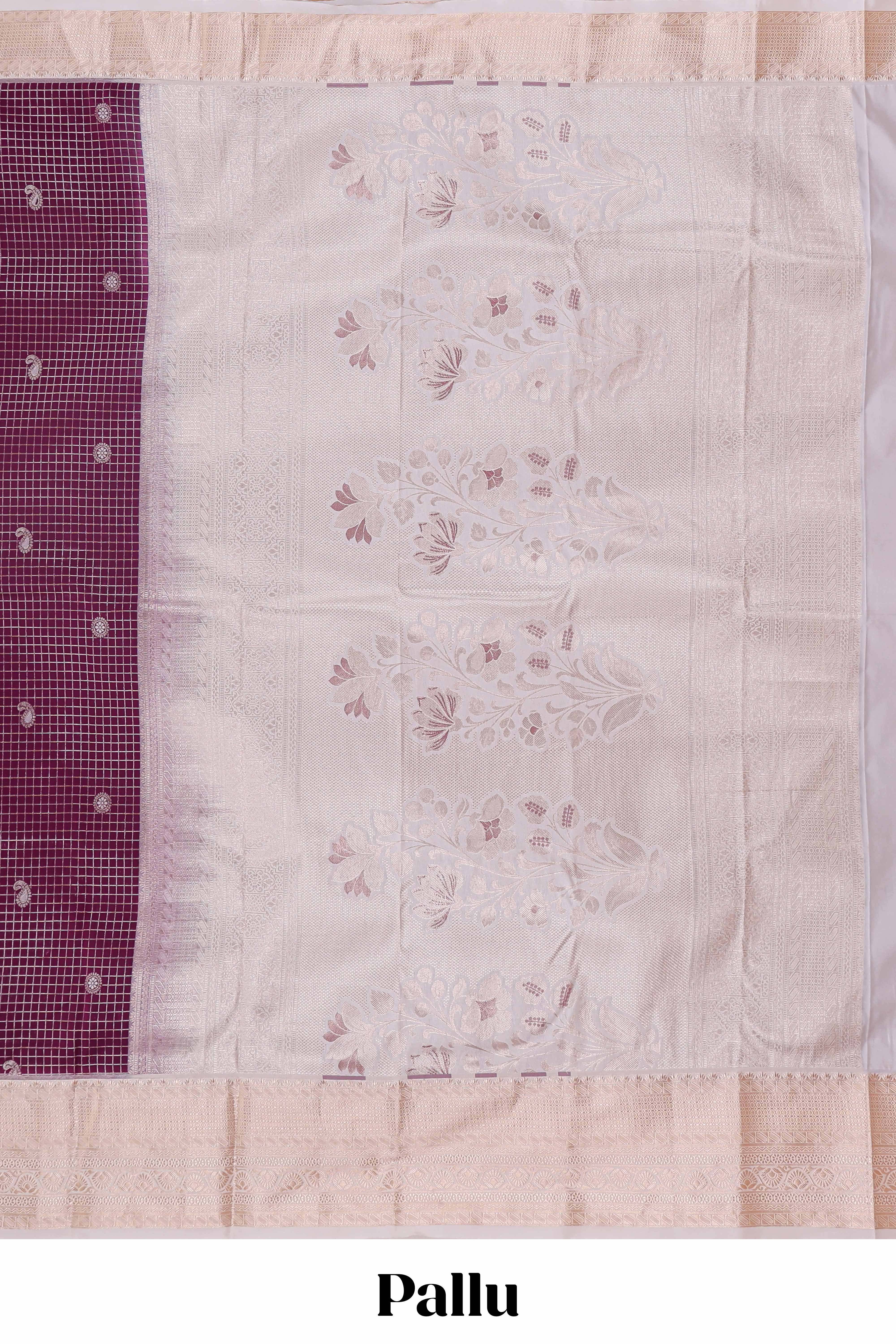 Jam purple checked zari motifs semi soft silk saree with contrast border and floral design pallu