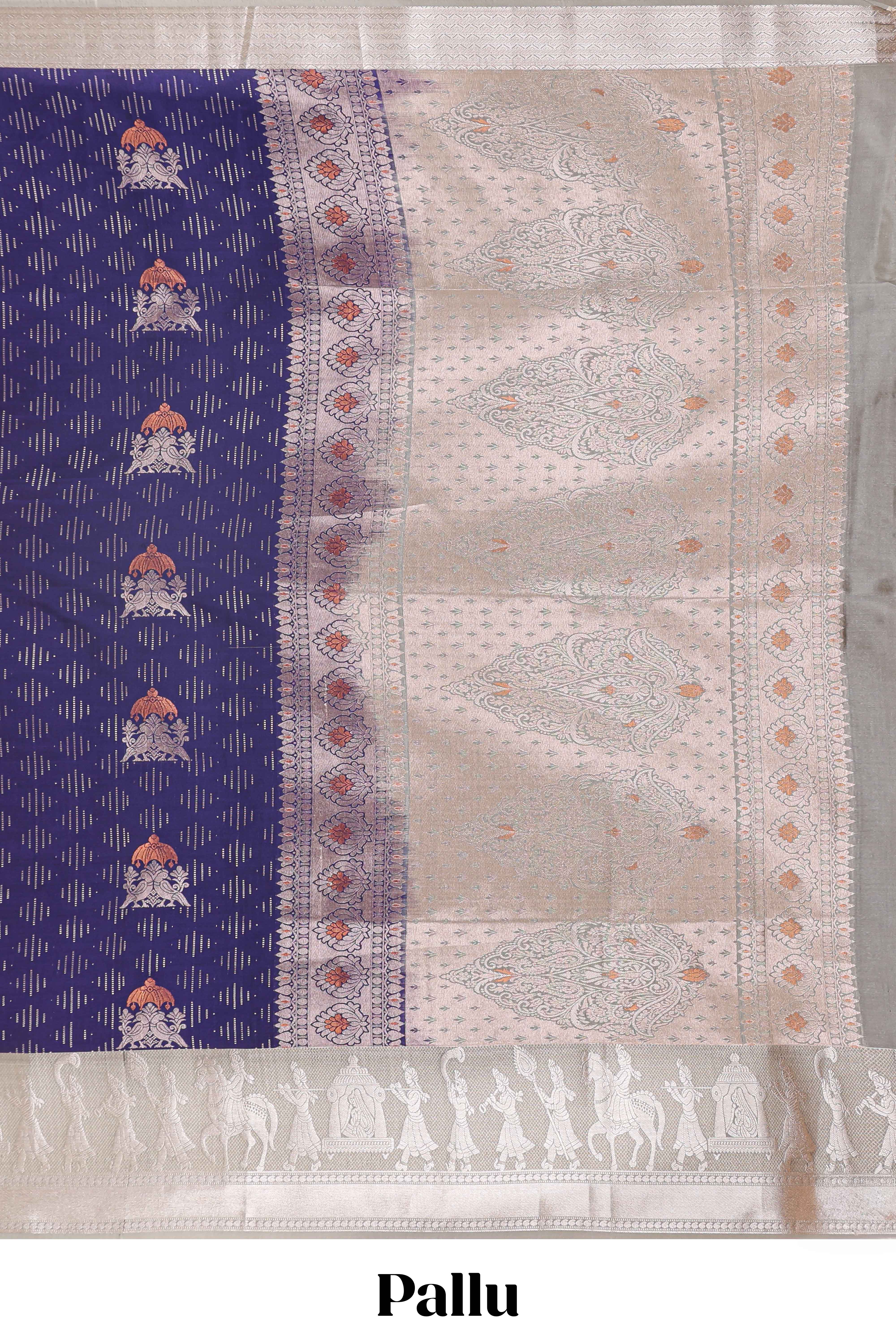 Blue geometric design birds zari motifssemi soft silk saree with contrast border and floral design pallu