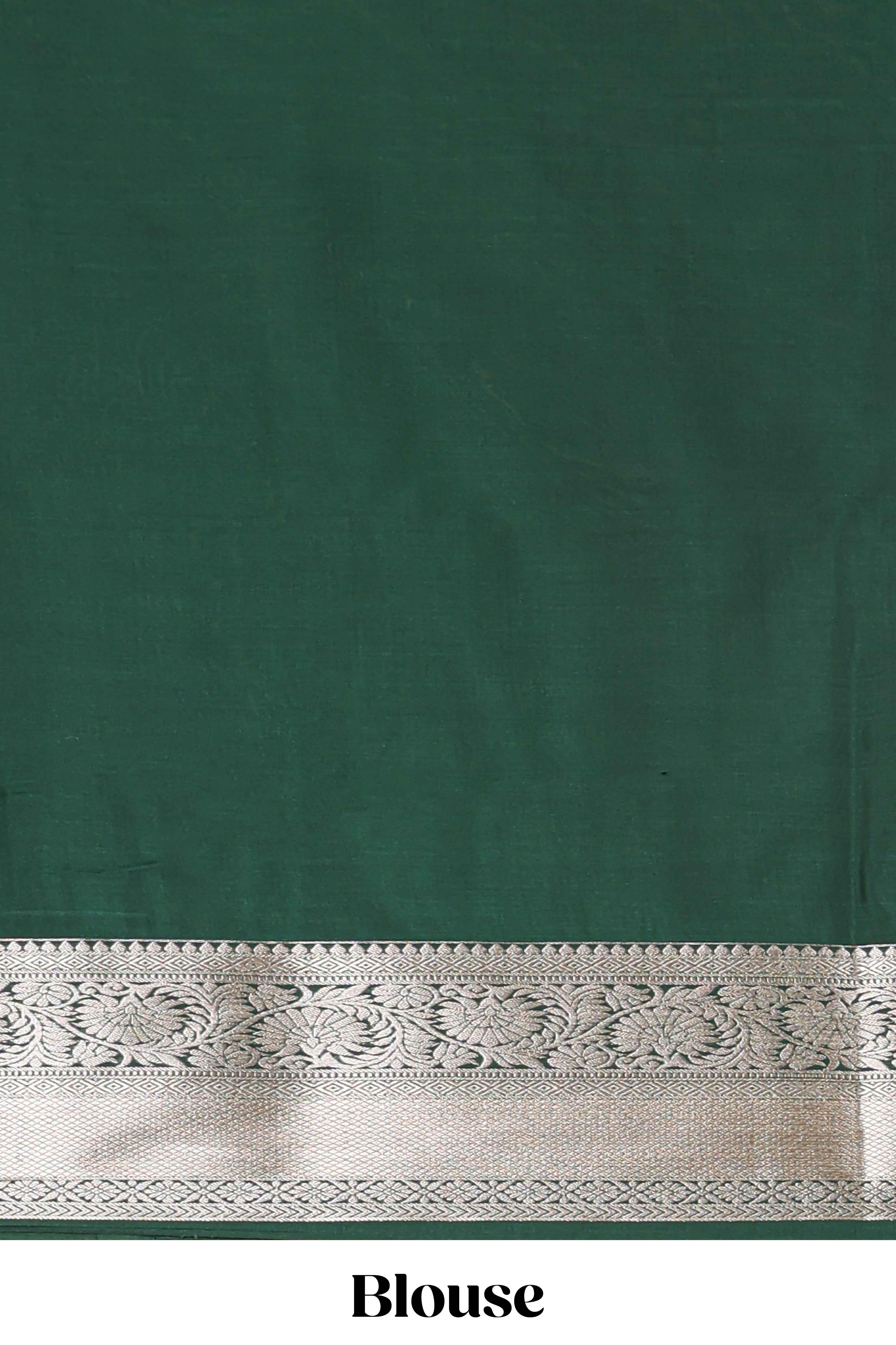 Green checked zari buttas semi soft silk saree with contrast zari border and floral design pallu