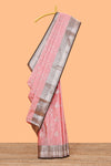 Pink checked zari buttas semi soft silk saree with contrast zari border and floral design pallu