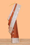 Orange geometric design birds zari motifssemi soft silk saree with contrast border and floral design pallu