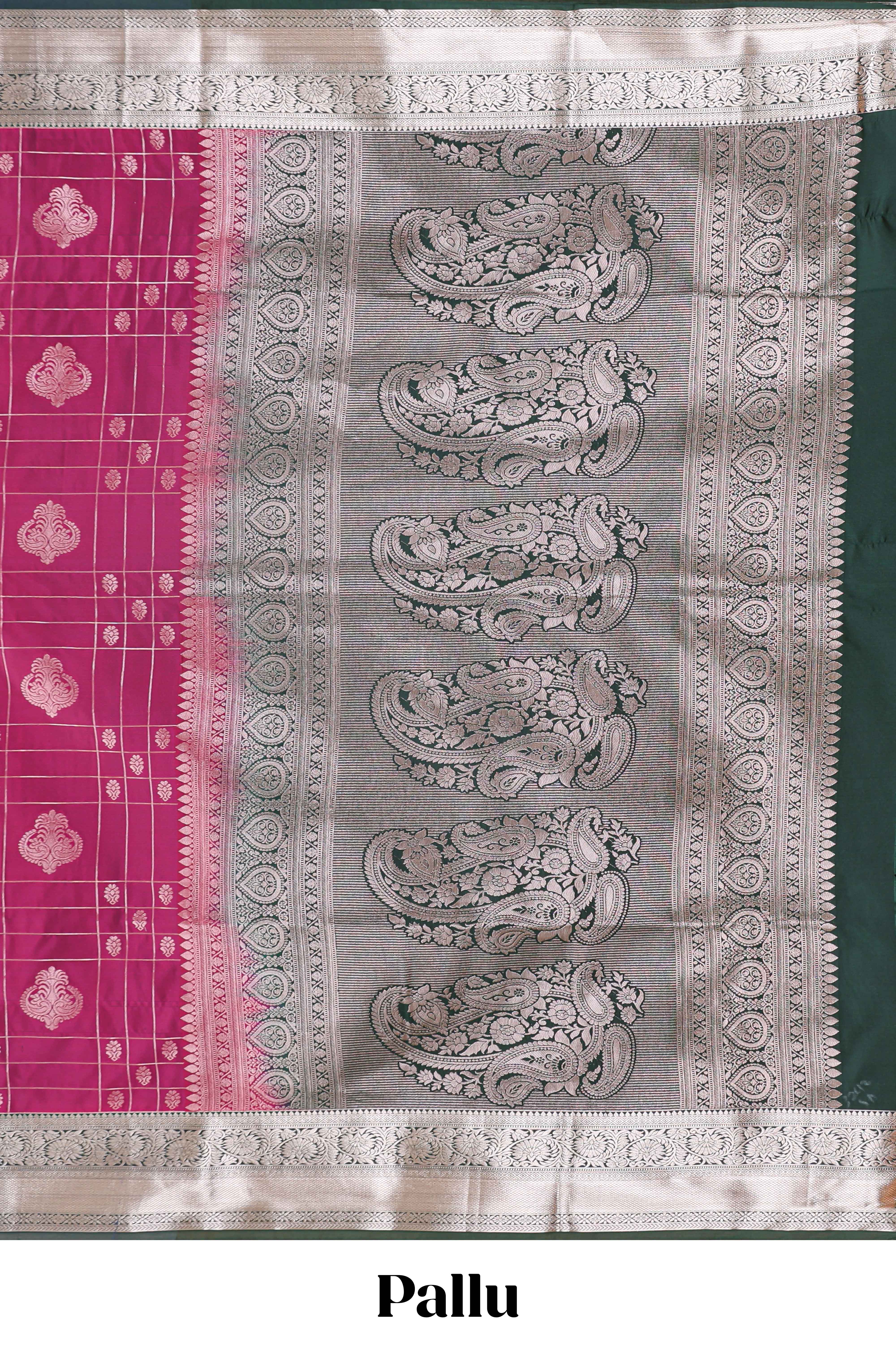 Rani pink checked zari buttas semi soft silk saree with contrast zari border and floral design pallu