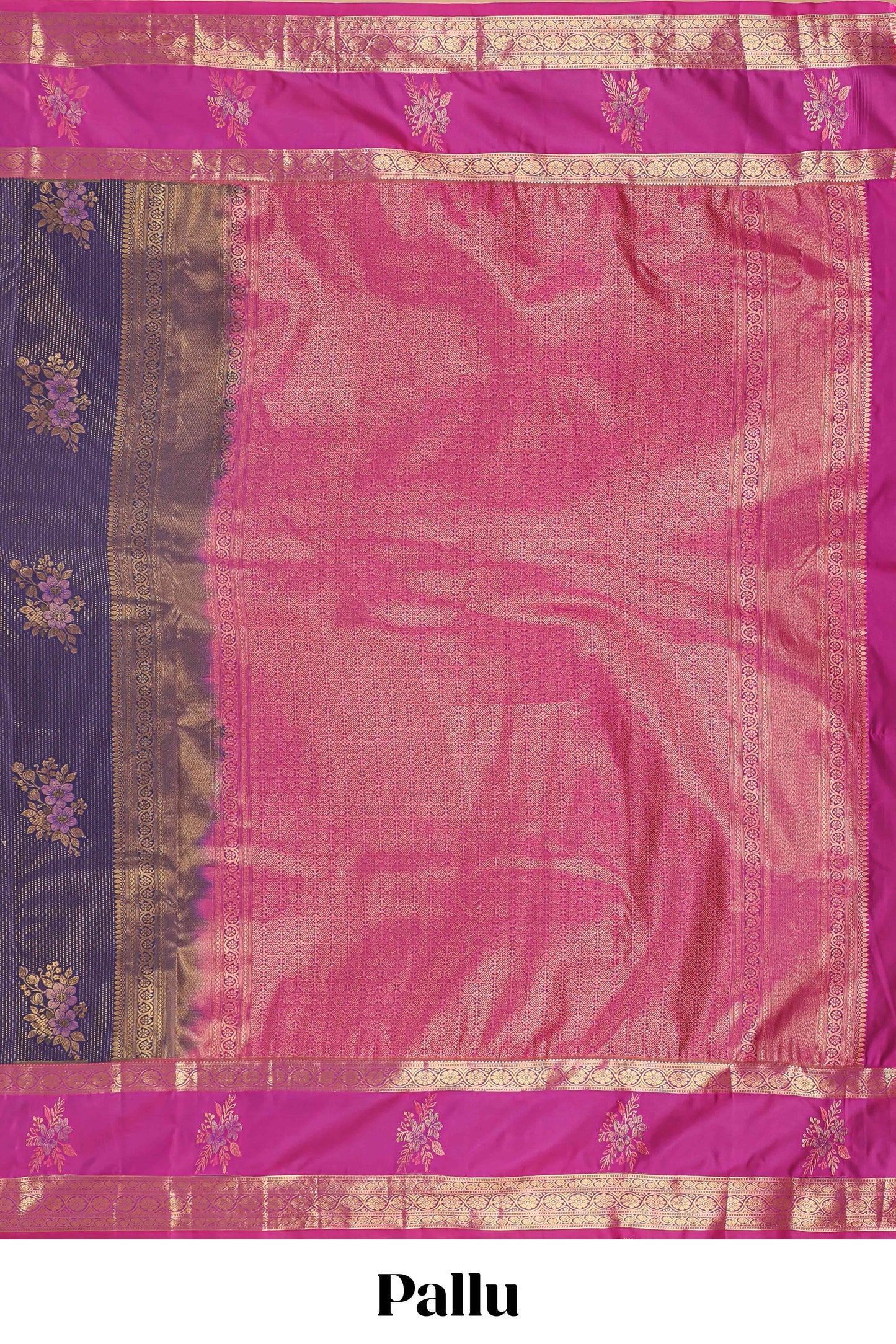 Dark blue striped zari motifs semi soft silk saree with contrast bentex border and pallu