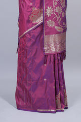 Magenta & purple dual tone floral zari motifs design semi soft silk saree with self border and matching blouse