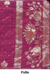 Magenta colour Semi soft silk withgold zari floral motifs border with peacock motifs and matching blouse