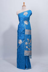 Blue floral zari motifs design semi soft silk saree with self border and matching blouse