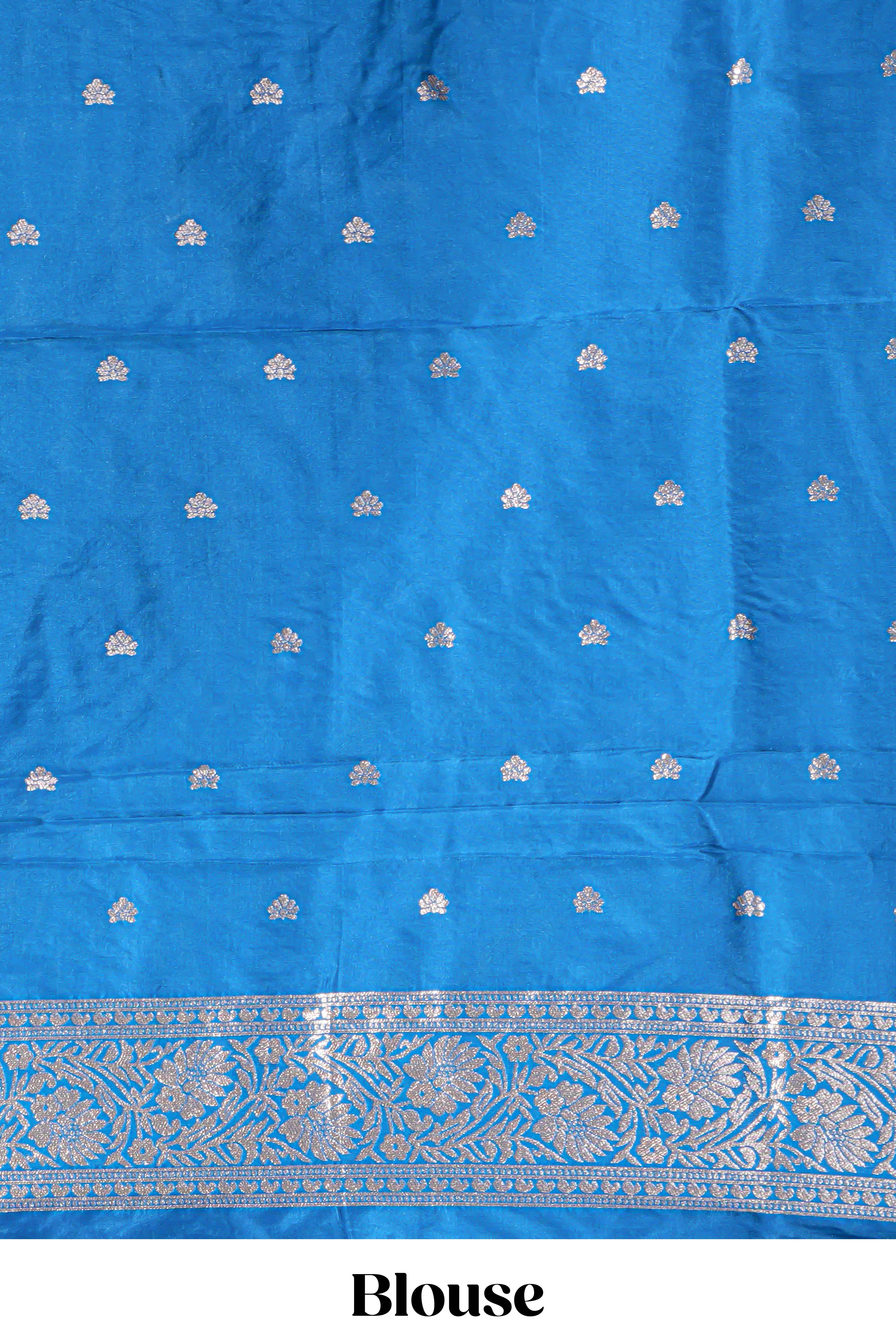 Blue floral zari motifs design semi soft silk saree with self border and matching blouse