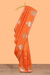 Orange colour Semi soft silk withgold zari floral motifs border with peacock motifs and matching blouse
