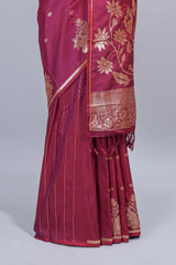 Intense hot pink floral zari motifs design semi soft silk saree with self border and matching blouse