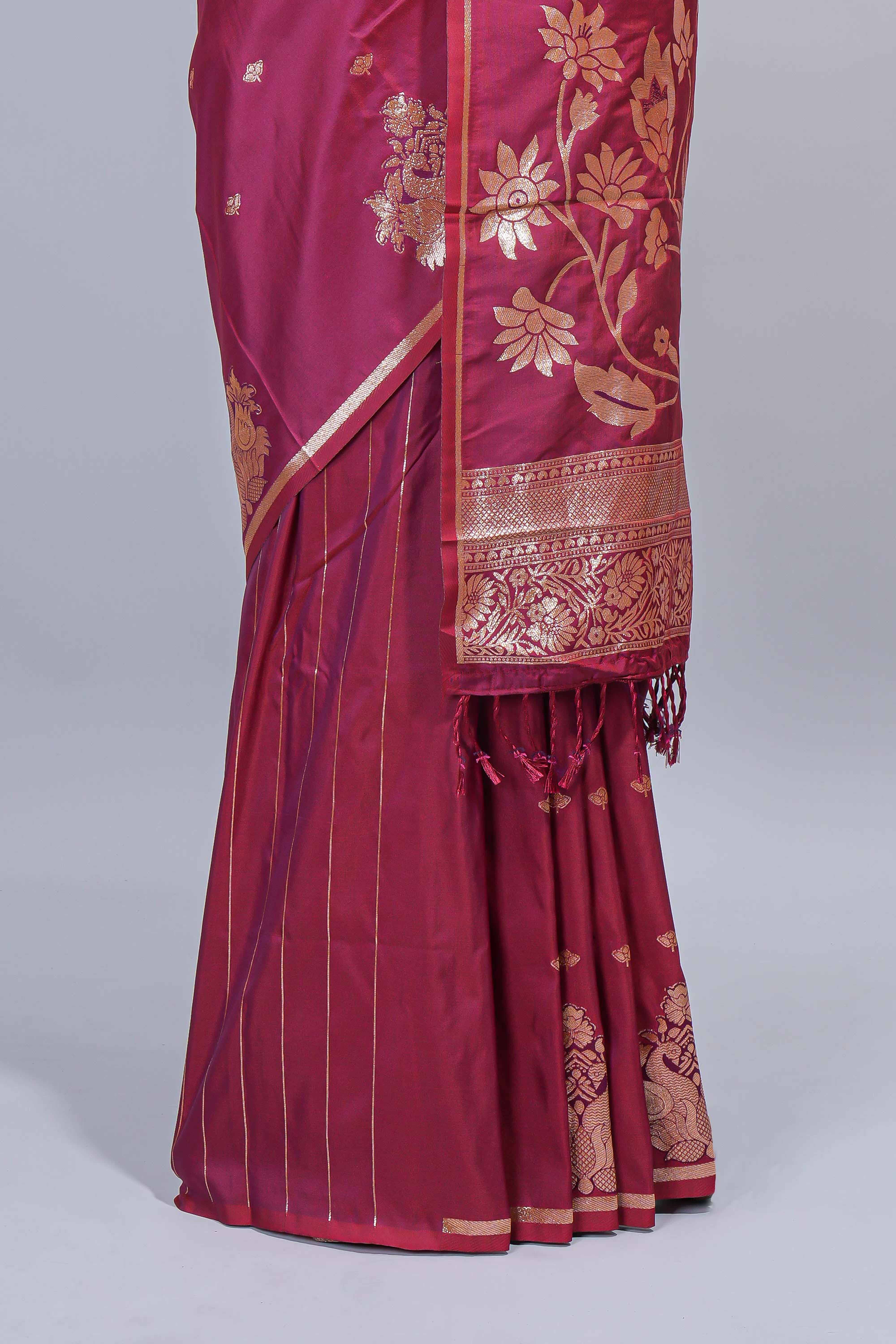 Intense hot pink floral zari motifs design semi soft silk saree with self border and matching blouse