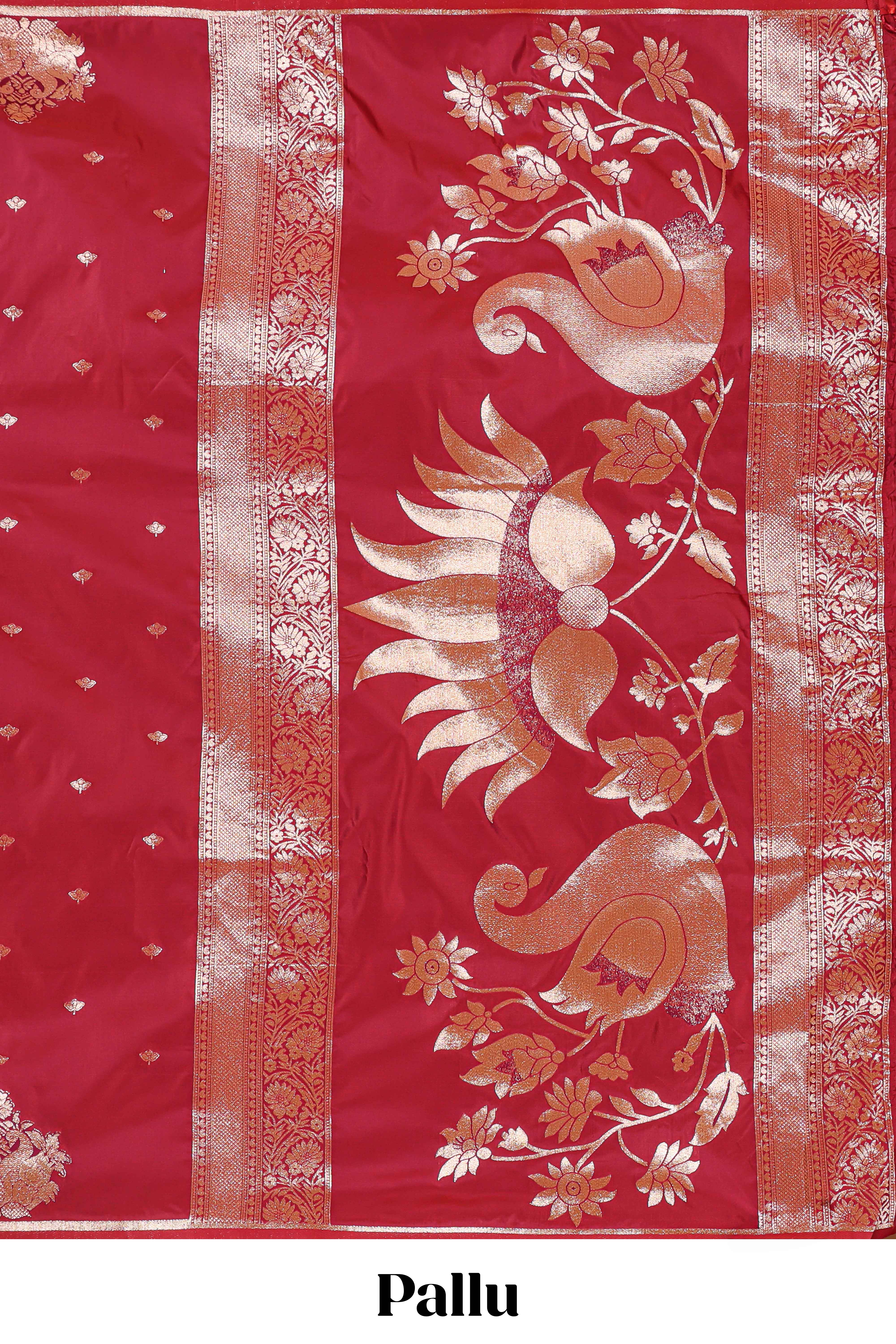 Red colour Semi soft silk withgold zari floral motifs border with peacock motifs and matching blouse