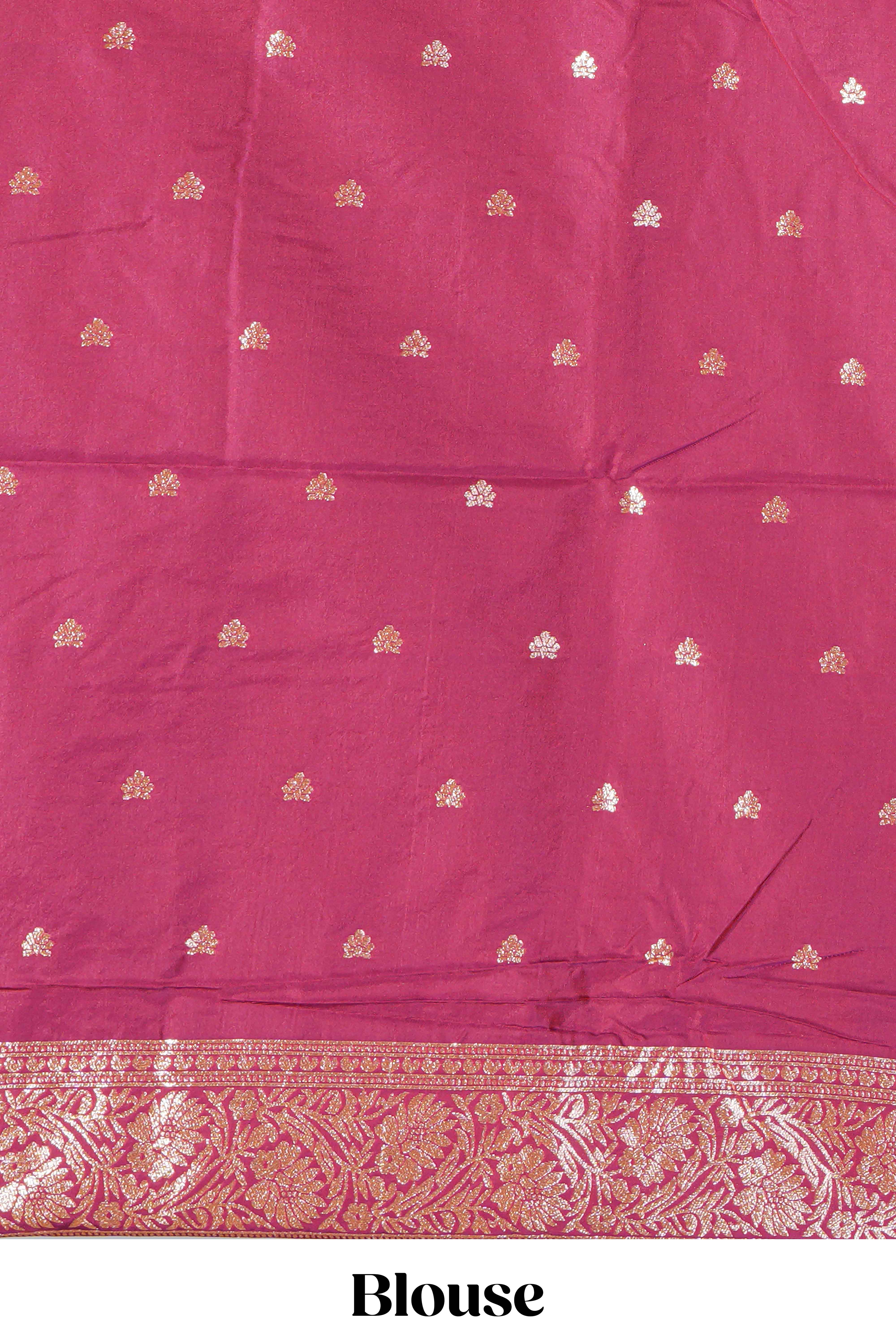 Intense hot pink floral zari motifs design semi soft silk saree with self border and matching blouse