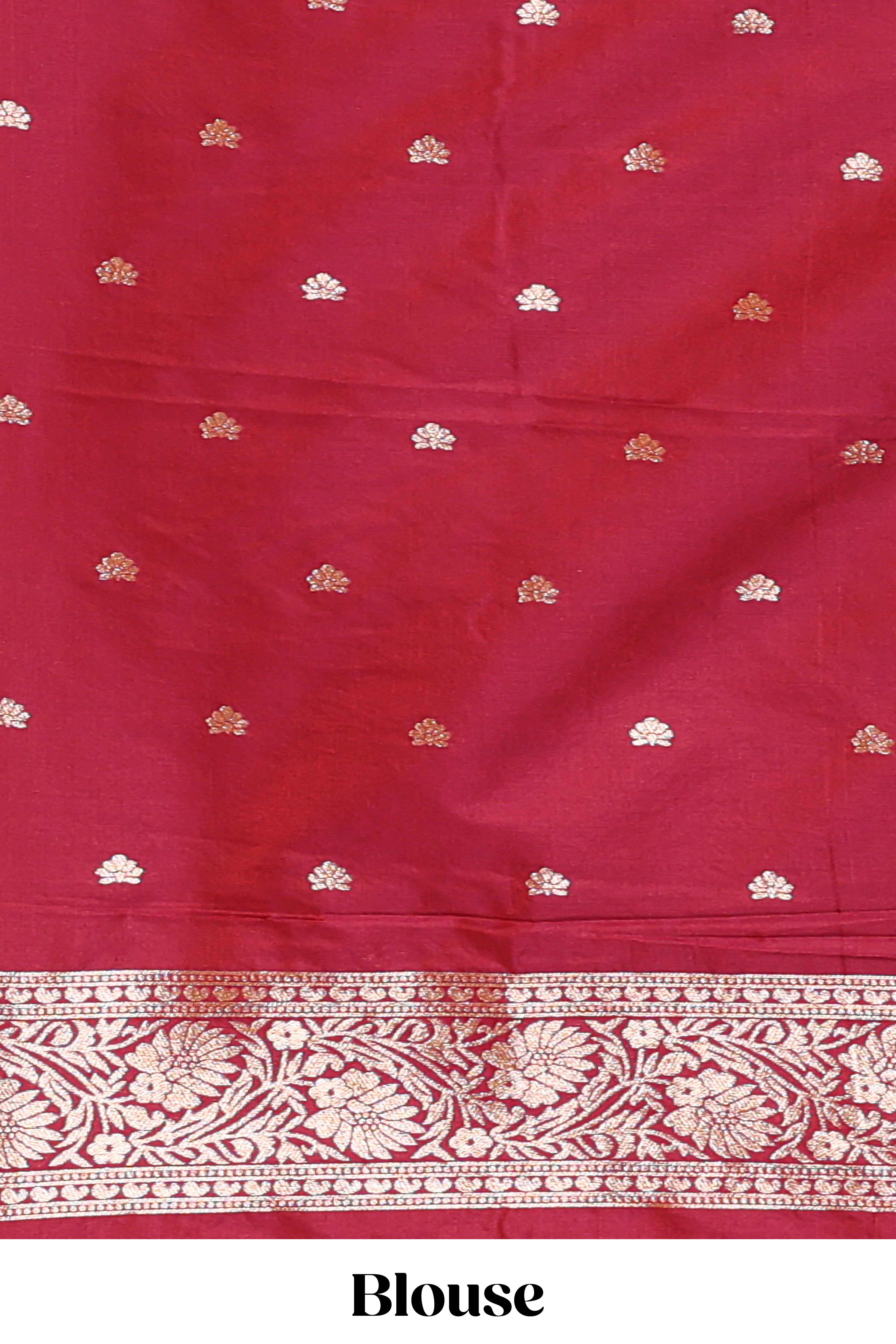 Red colour Semi soft silk withgold zari floral motifs border with peacock motifs and matching blouse