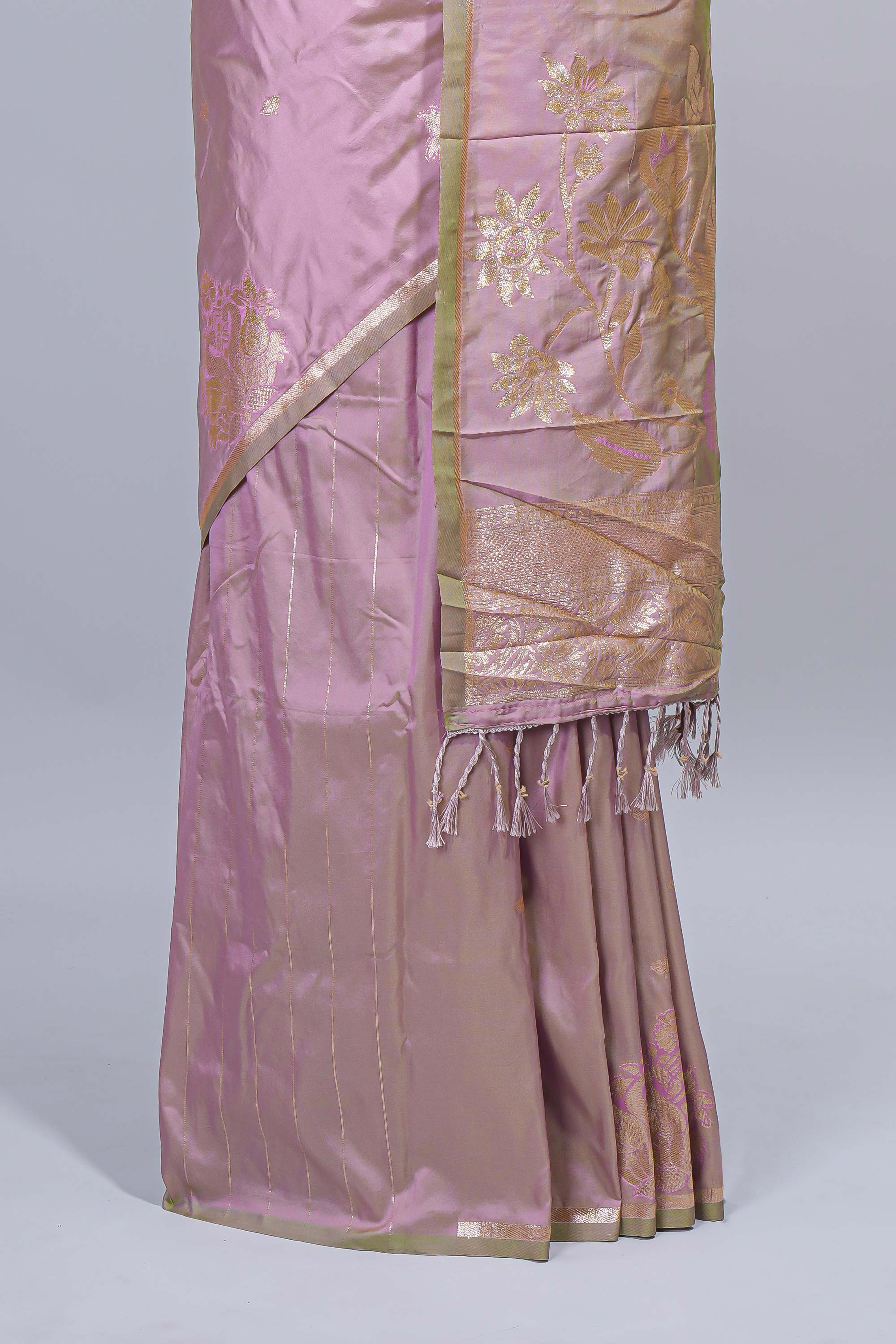 Soft lavender floral zari motifs design semi soft silk saree with self border and matching blouse
