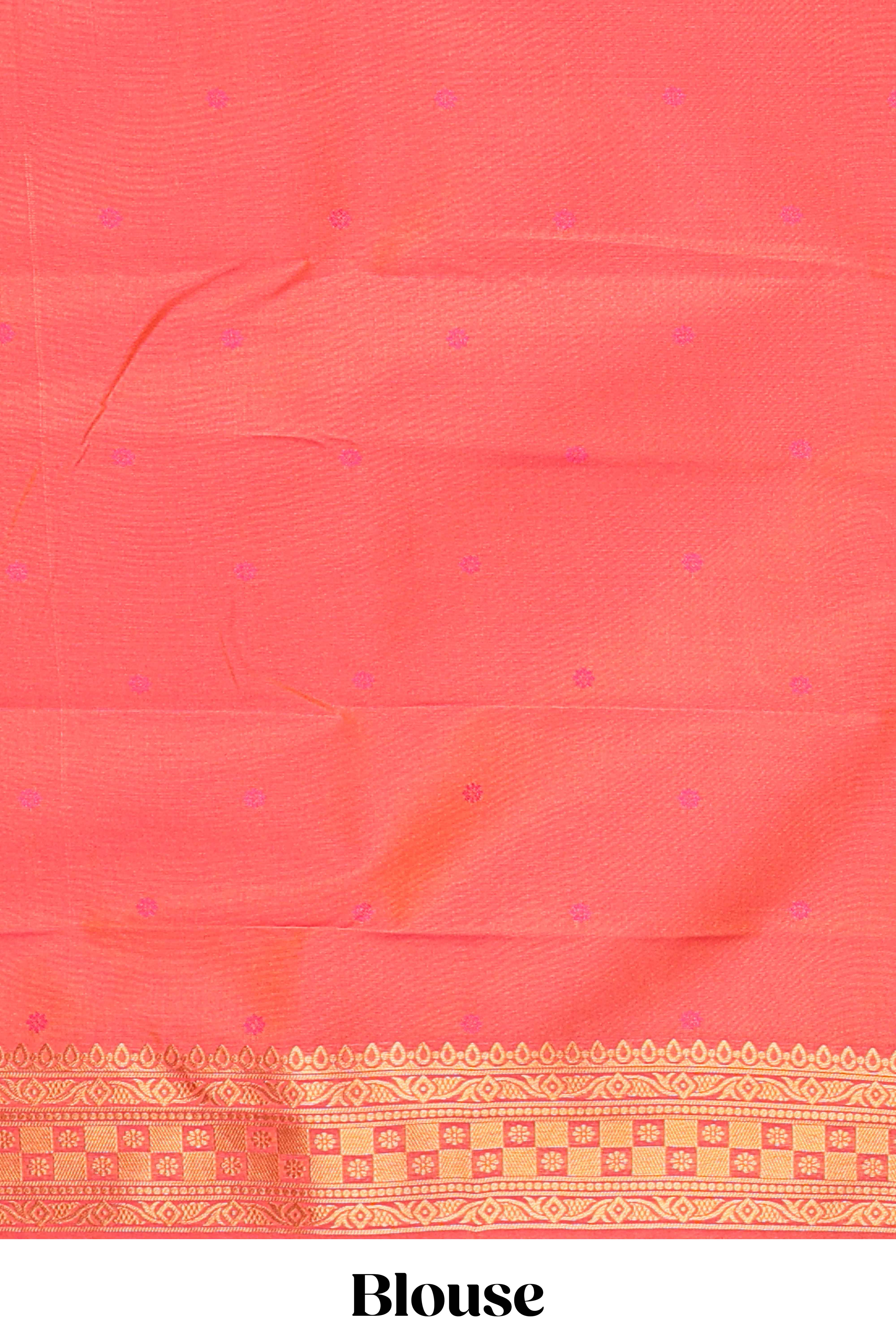Orange colour Semi soft silk withgold zari floral motifs border with peacock motifs and matching blouse
