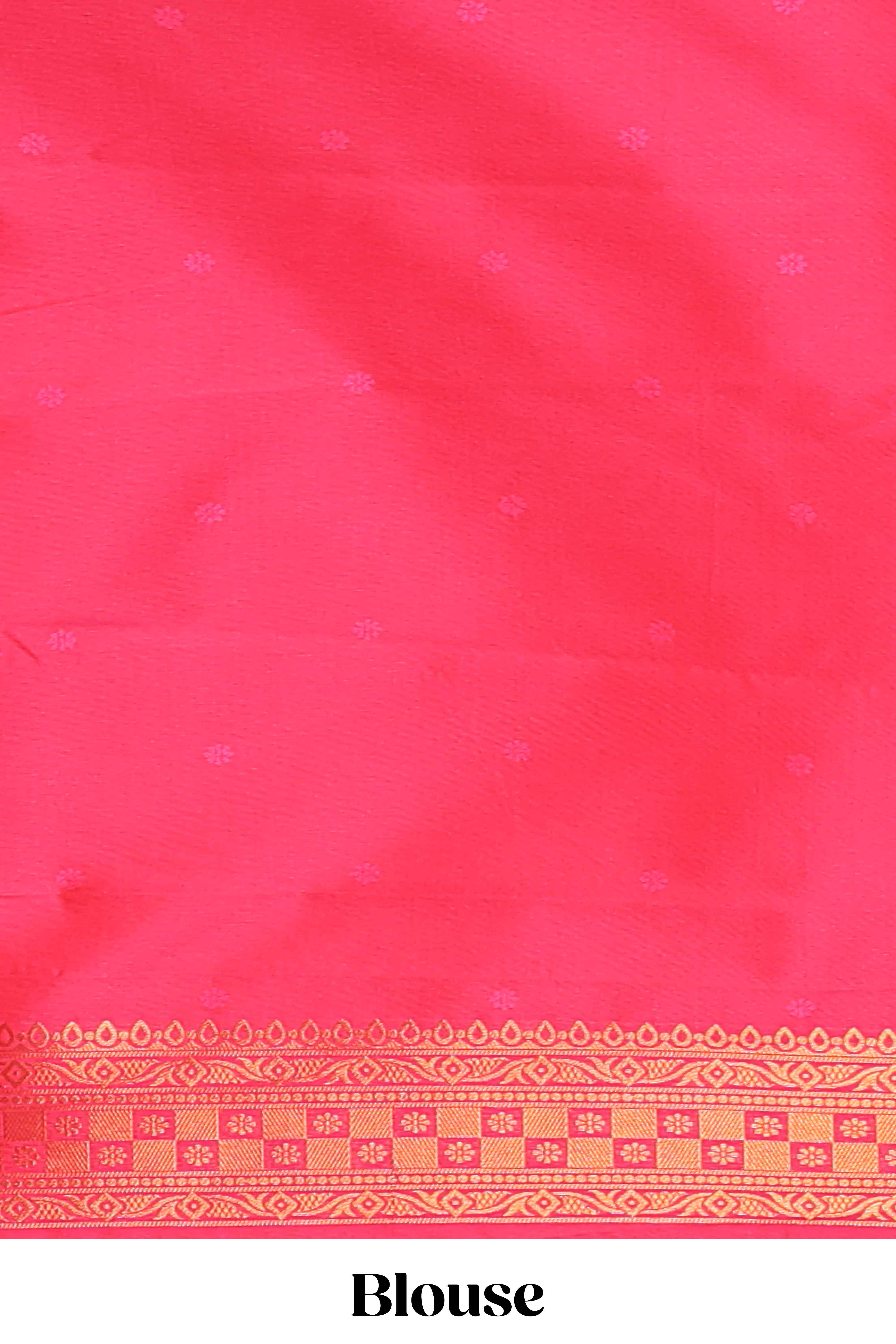 Pink colour Semi soft silk withgold zari floral motifs border with Vaira oosi Design and matching blouse