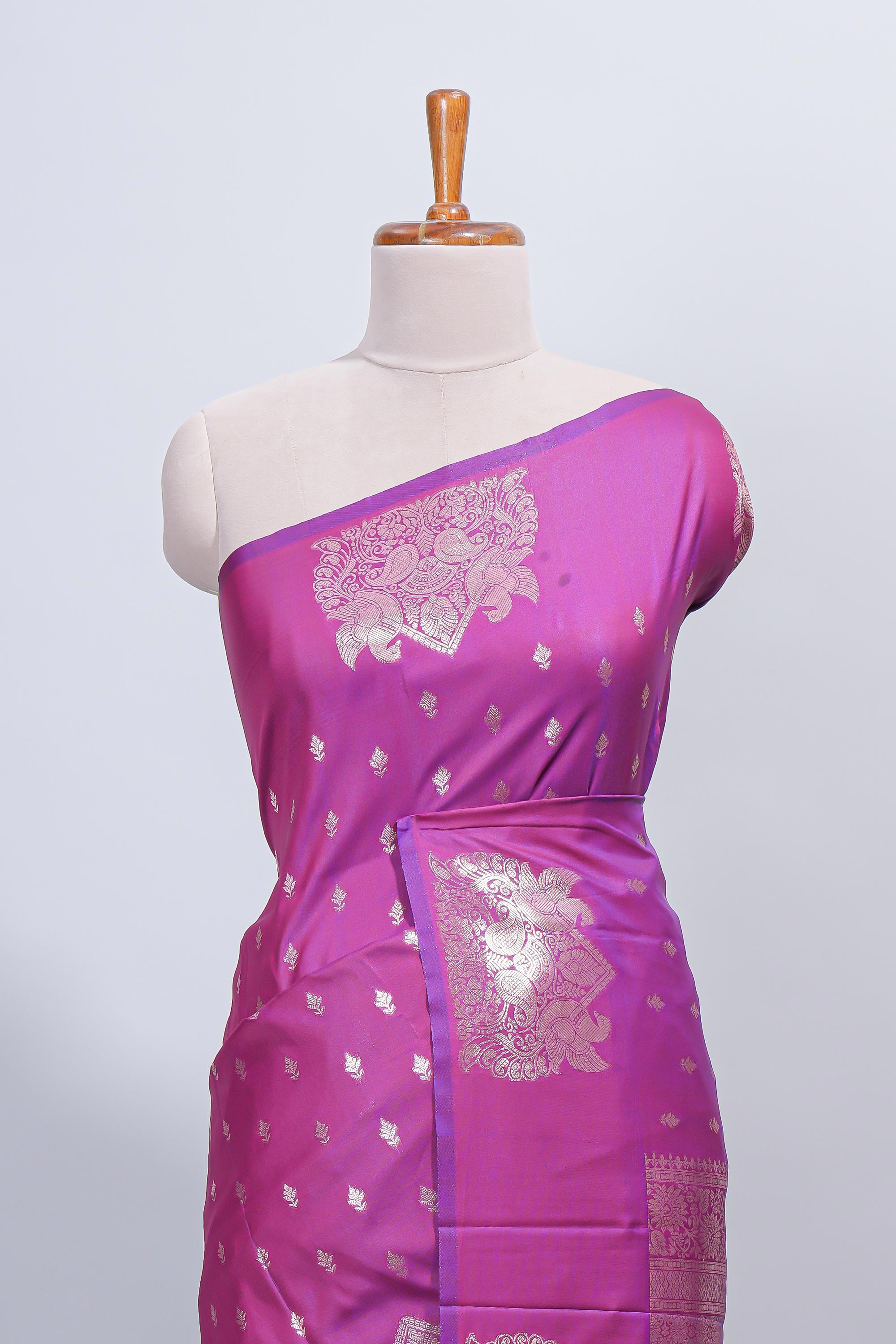 Purple zari motifs design semi soft silk saree with self border and matching blouse