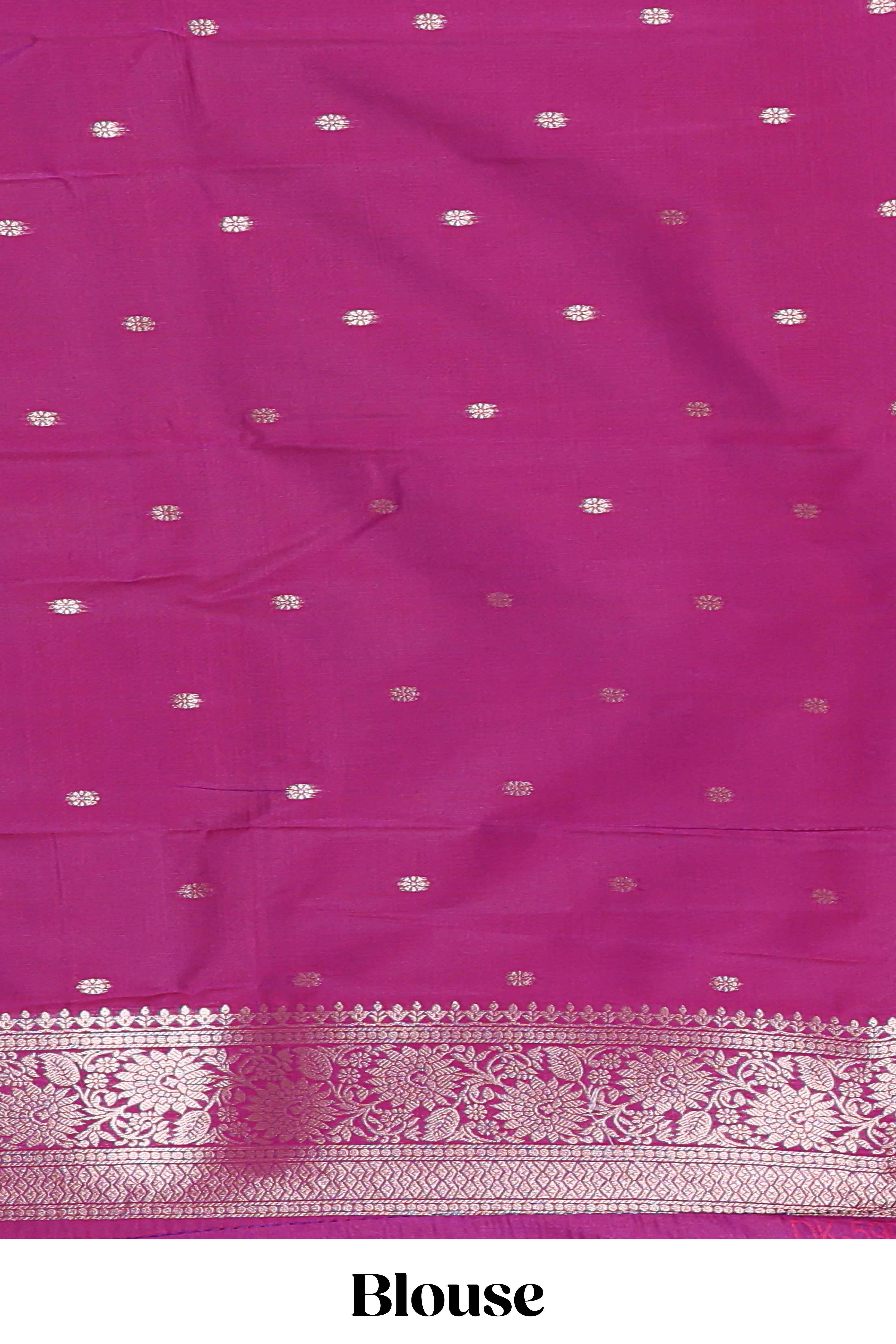 Magenta colour Semi soft silk withgold zari floral motifs border with Peacock Woven Design and matching blouse