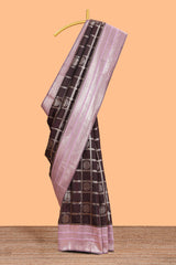 Dark brown checked floral motifs design semi soft silk saree with contrast border and blouse