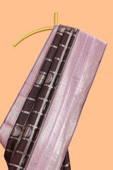 Dark brown checked floral motifs design semi soft silk saree with contrast border and blouse