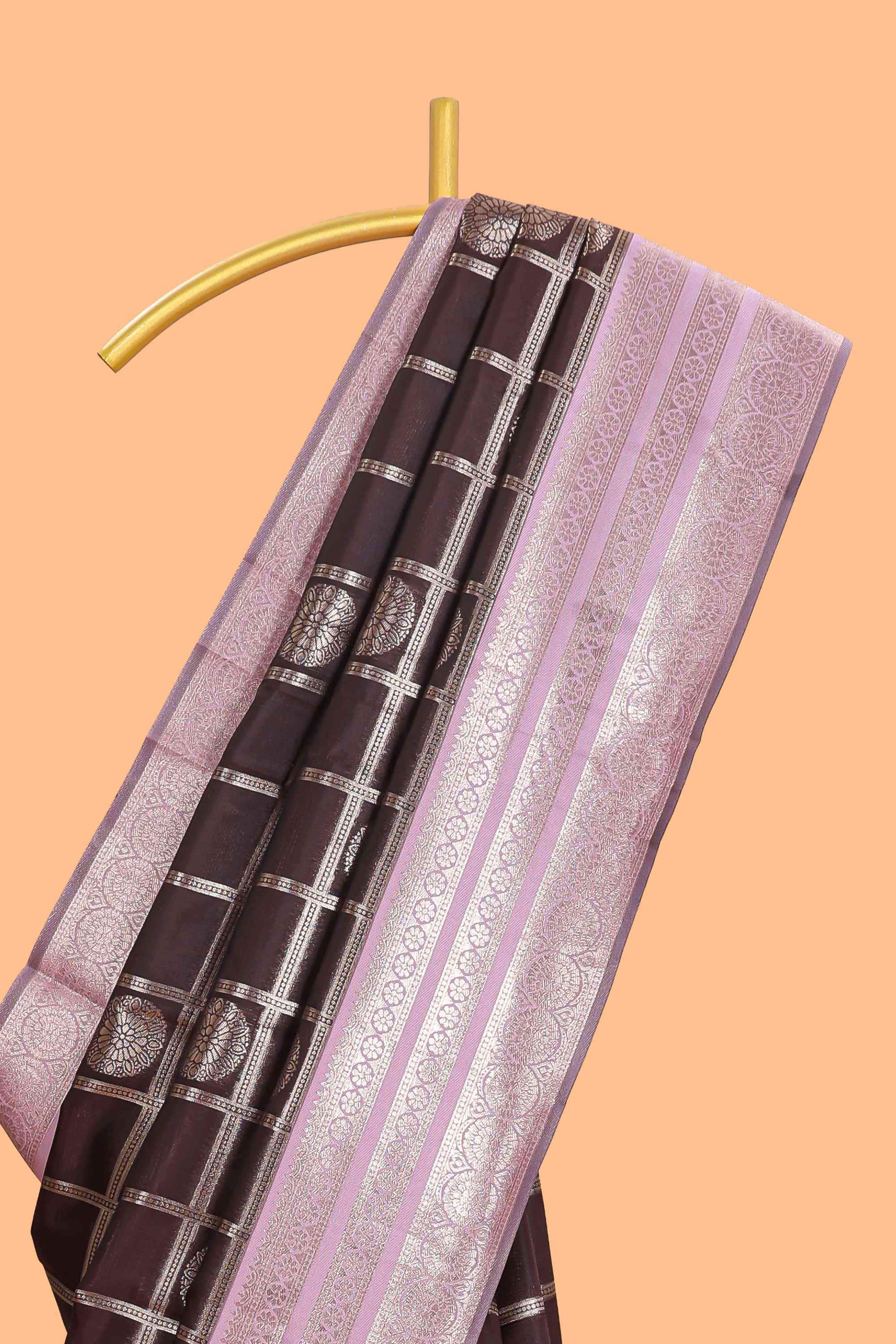 Dark brown checked floral motifs design semi soft silk saree with contrast border and blouse