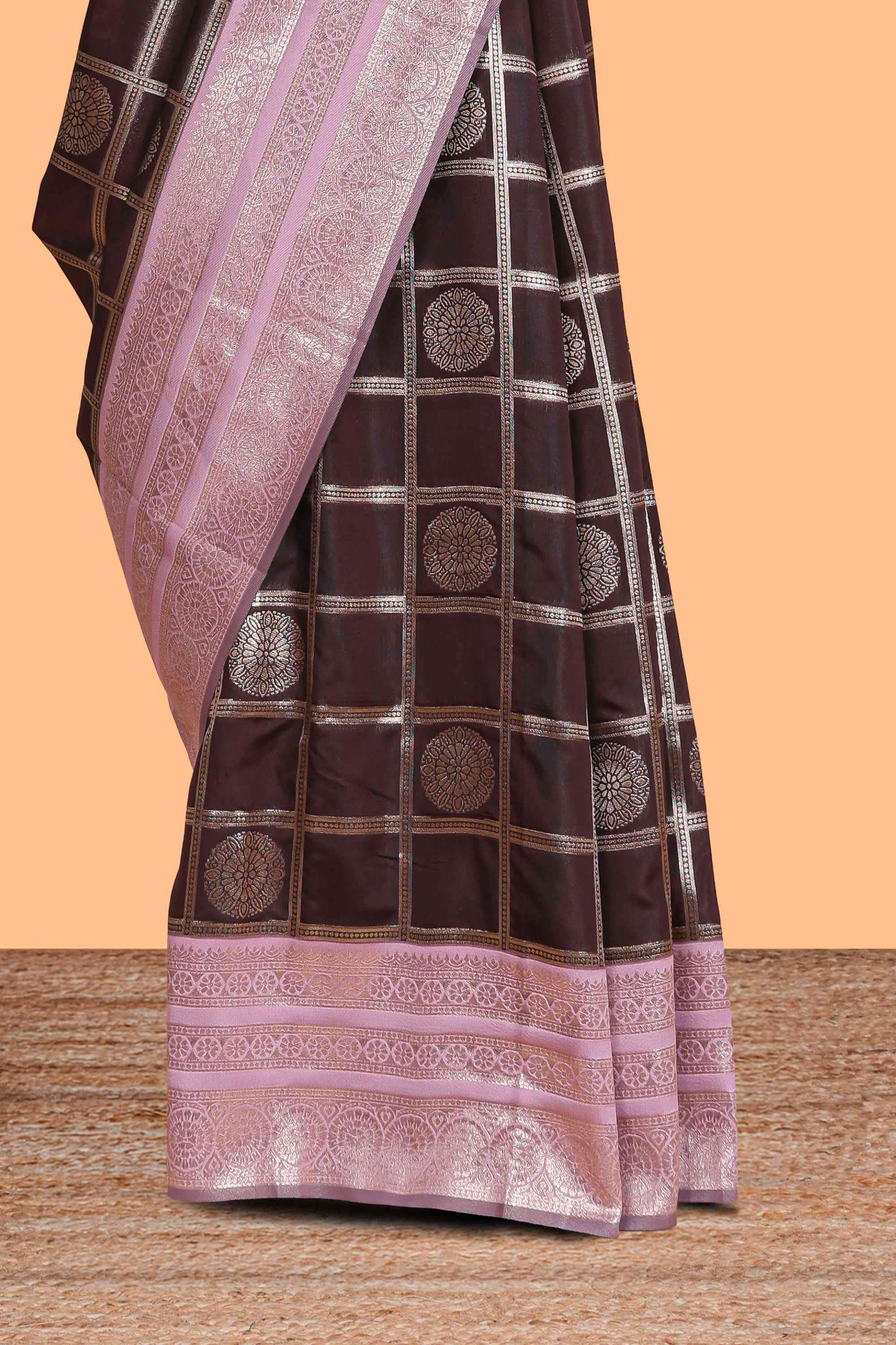 Dark brown checked floral motifs design semi soft silk saree with contrast border and blouse