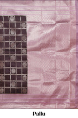 Dark brown checked floral motifs design semi soft silk saree with contrast border and blouse