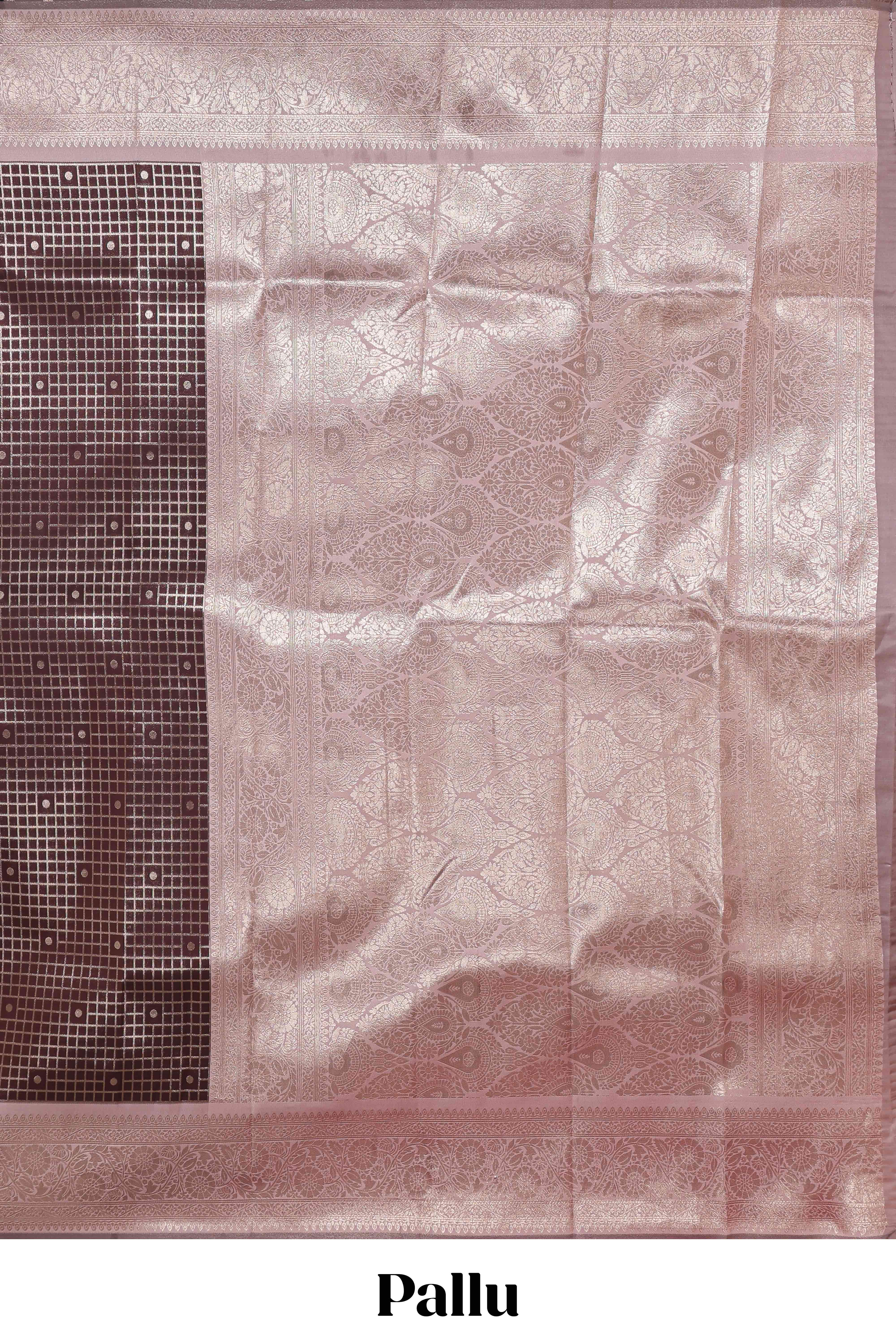 Dark brown checked floral motifs design semi soft silk saree with contrast border and blouse