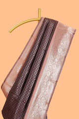Dark brown checked floral motifs design semi soft silk saree with contrast border and blouse