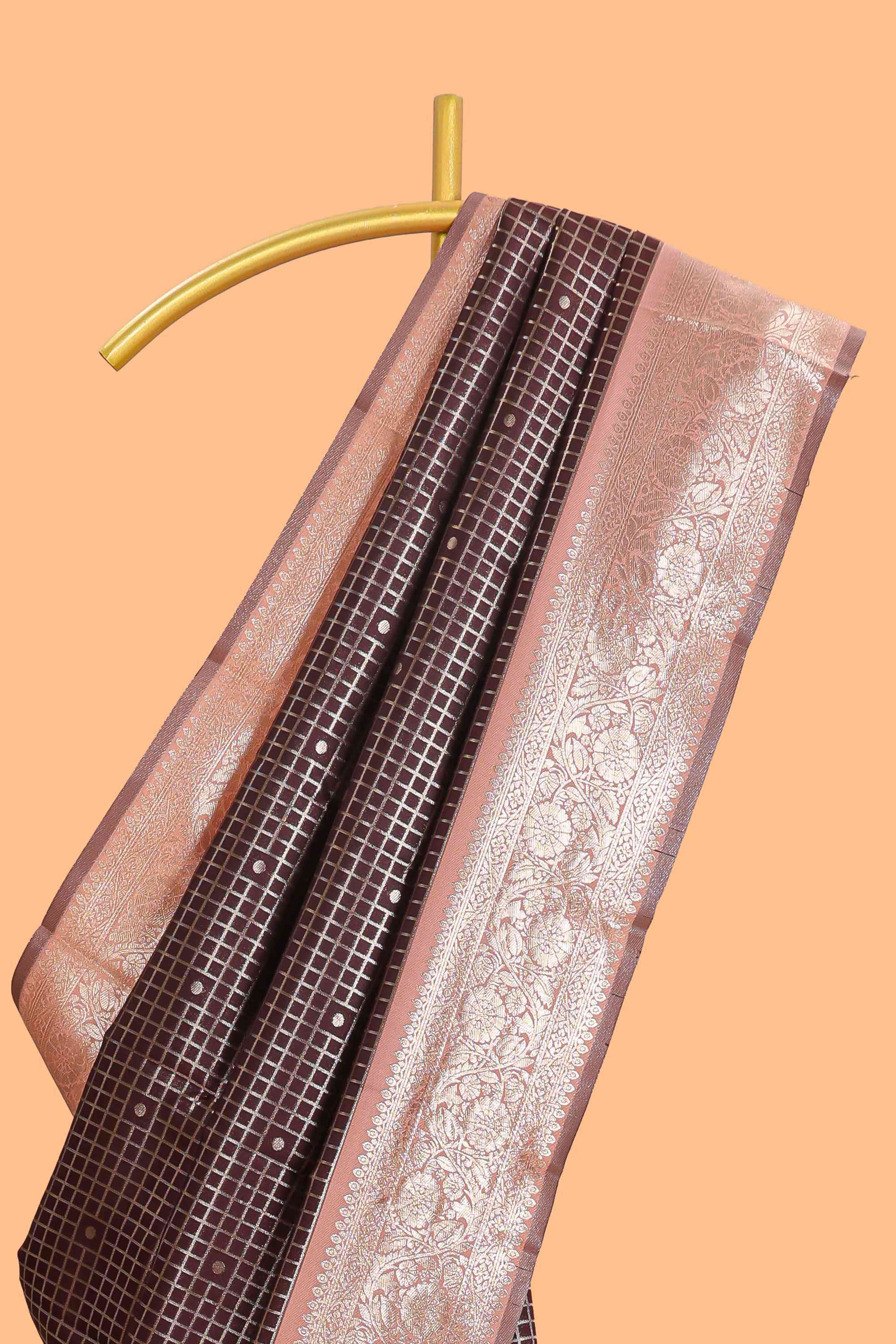 Dark brown checked floral motifs design semi soft silk saree with contrast border and blouse