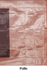 Dark brown checked floral motifs design semi soft silk saree with contrast border and blouse