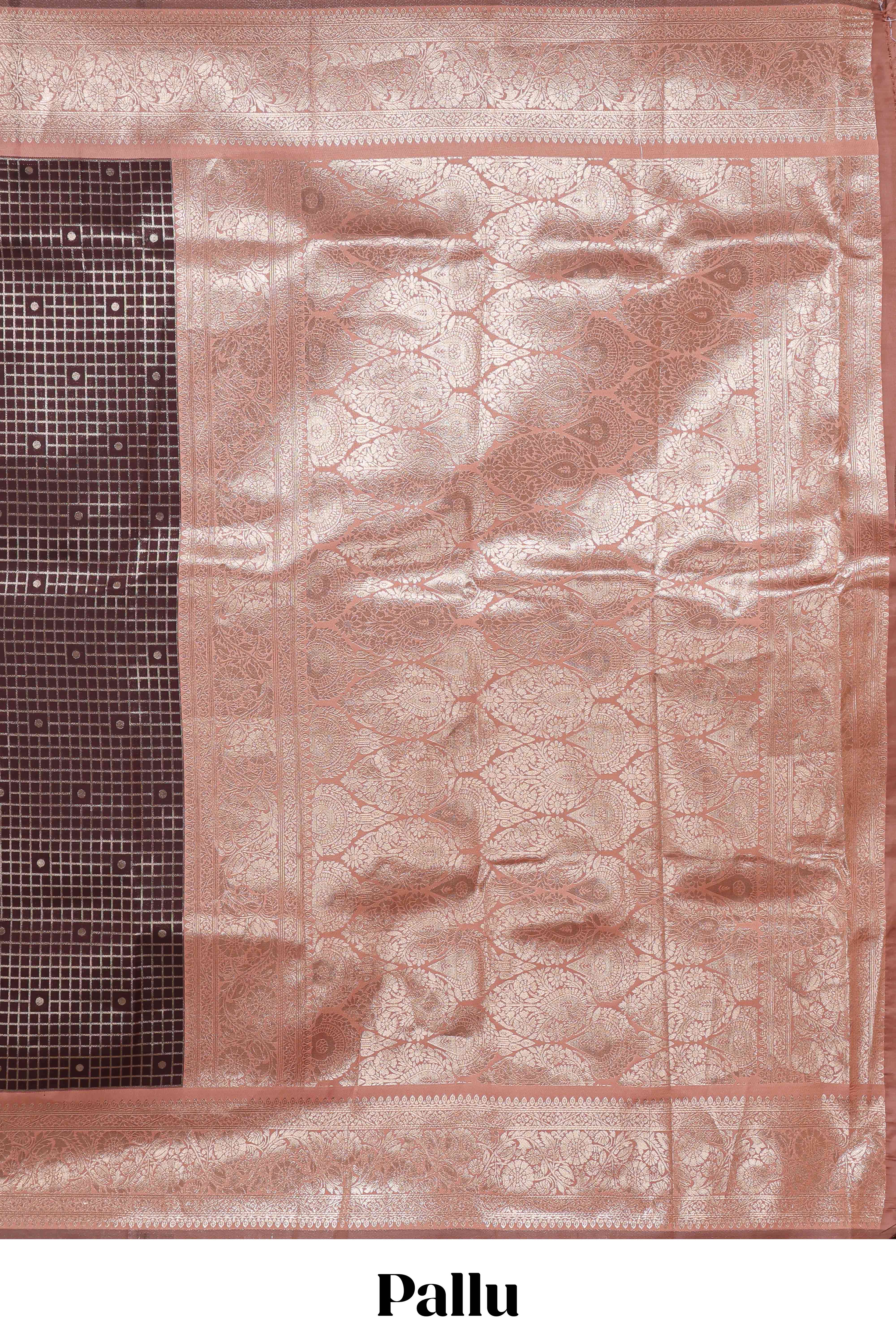 Dark brown checked floral motifs design semi soft silk saree with contrast border and blouse