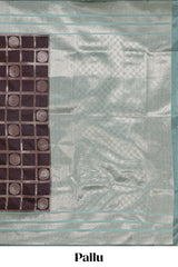 Dark brown checked floral motifs design semi soft silk saree with contrast border and blouse