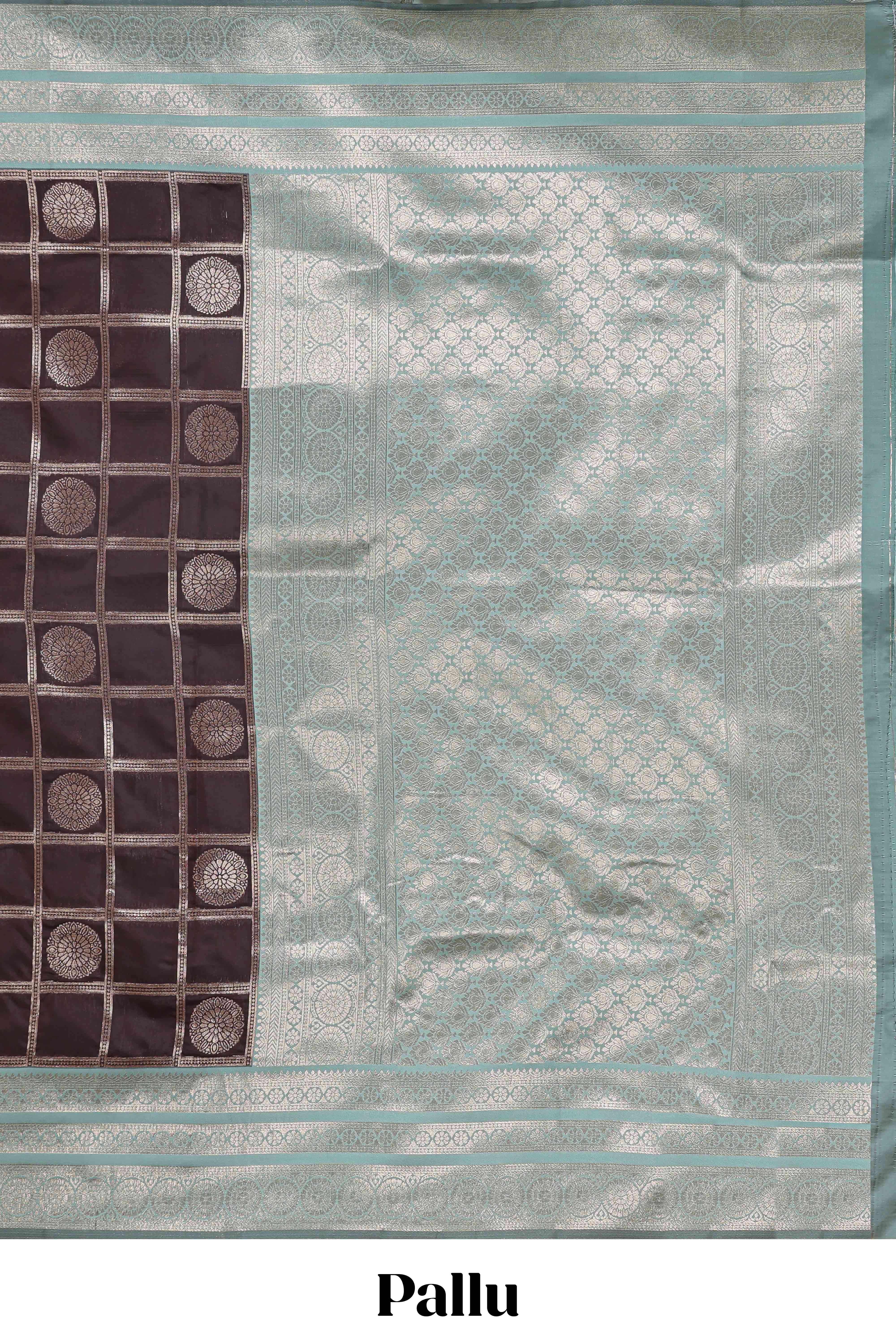 Dark brown checked floral motifs design semi soft silk saree with contrast border and blouse