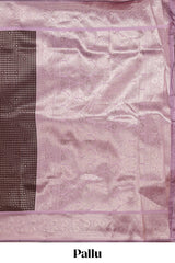 Dark brown checked floral motifs design semi soft silk saree with contrast border and blouse