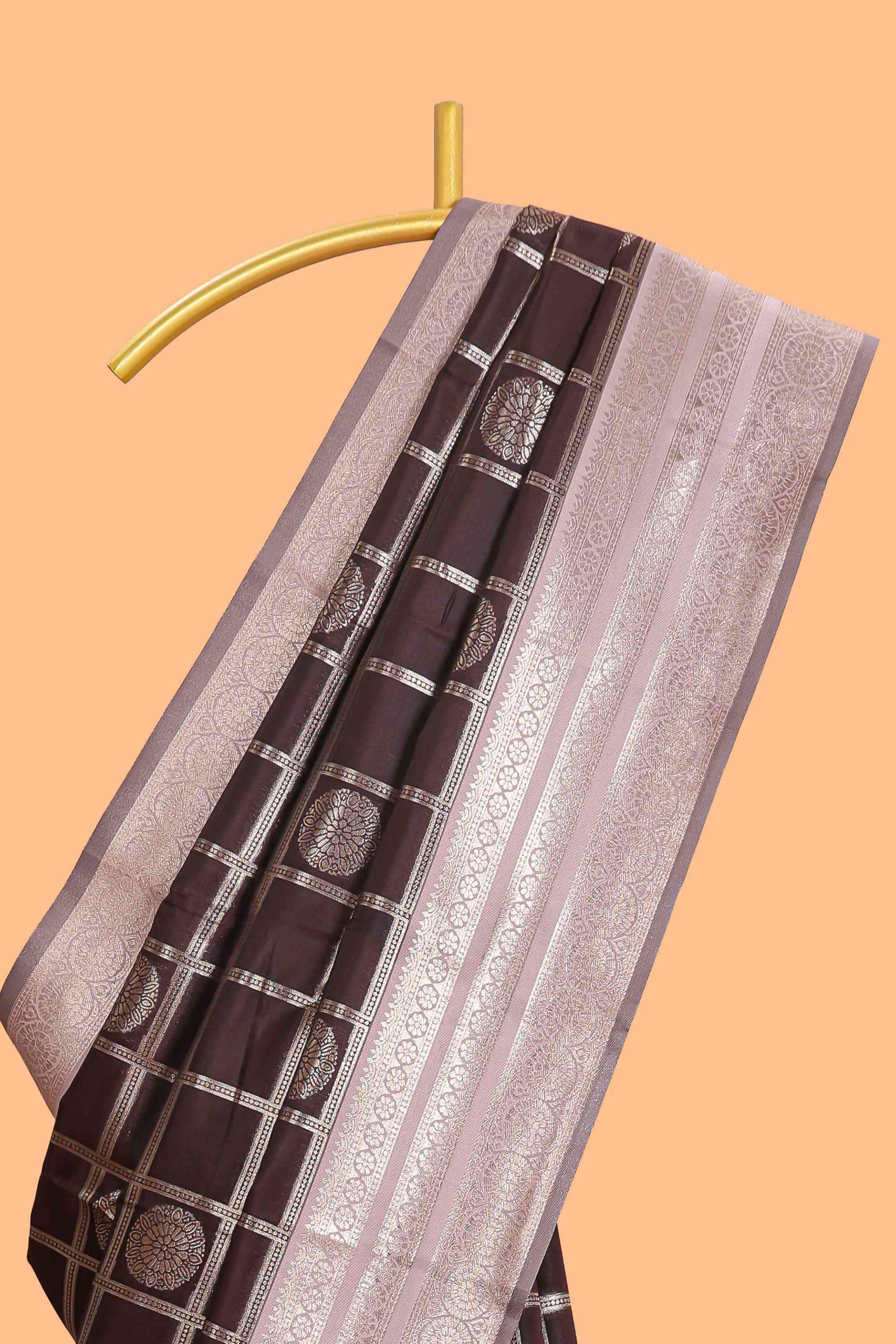 Dark brown checked floral motifs design semi soft silk saree with contrast border and blouse