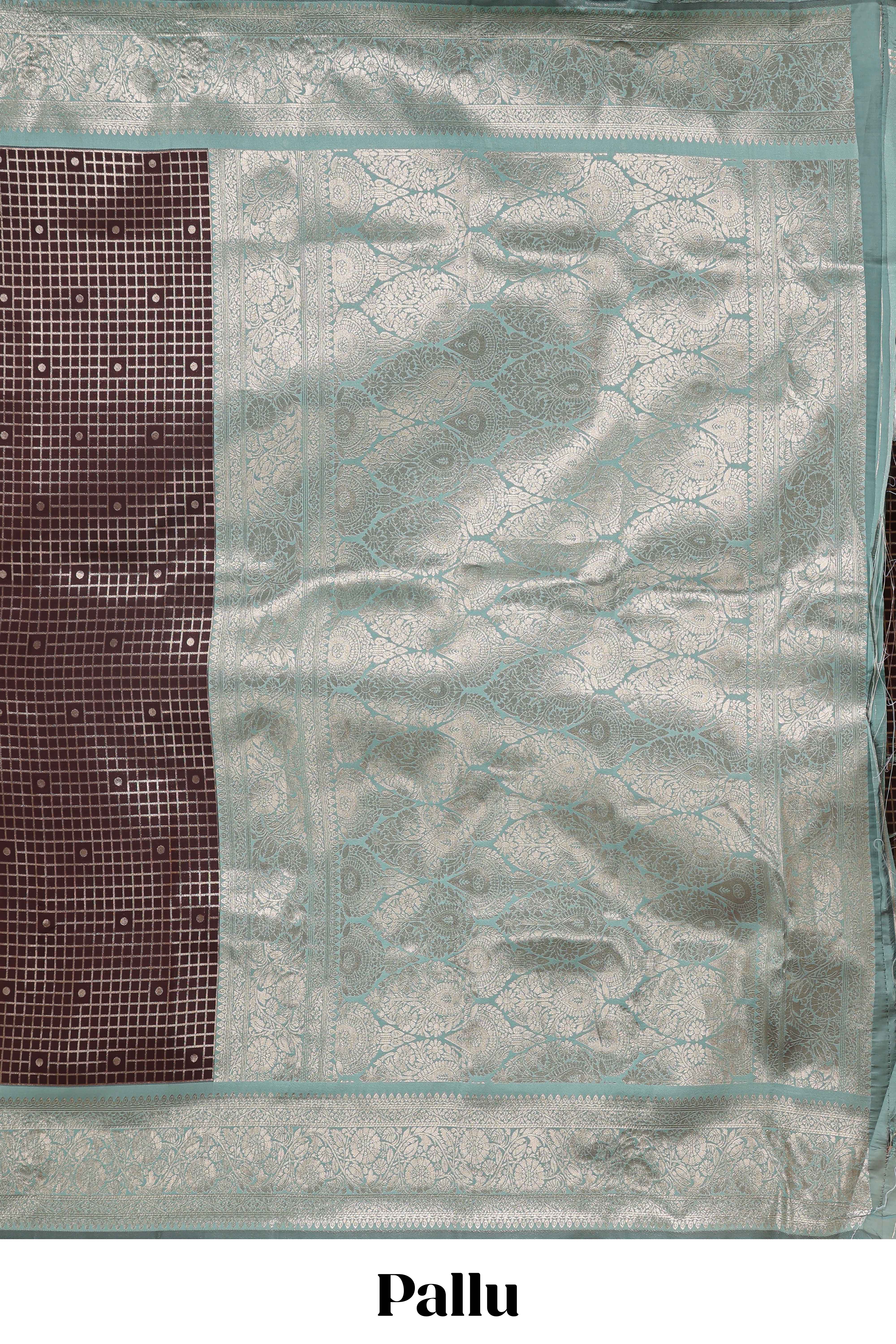 Dark brown checked floral motifs design semi soft silk saree with contrast border and blouse