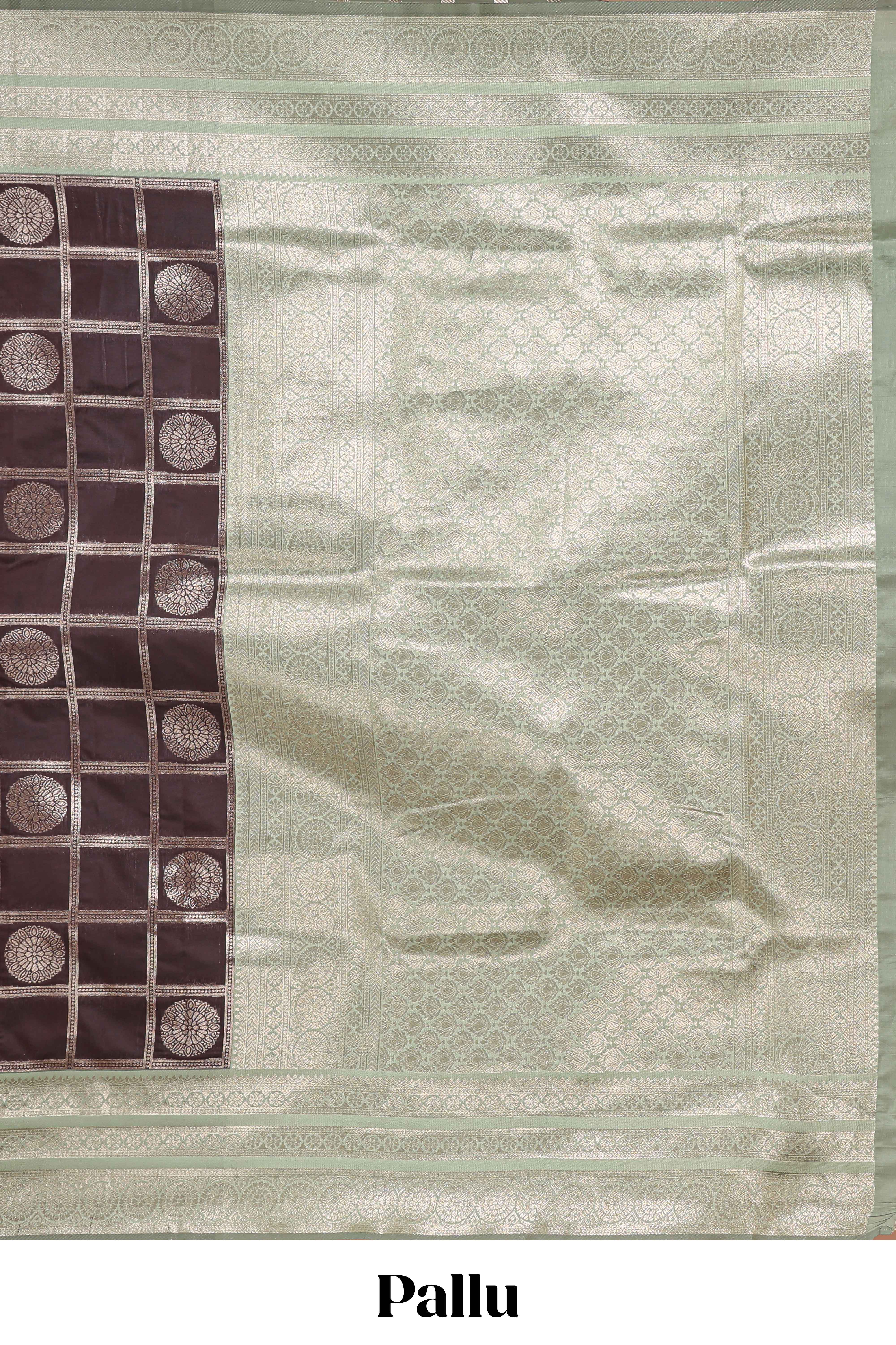Dark brown checked floral motifs design semi soft silk saree with contrast border and blouse