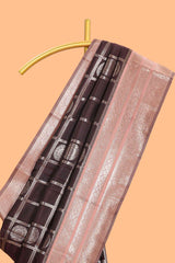 Dark brown checked floral motifs design semi soft silk saree with contrast border and blouse