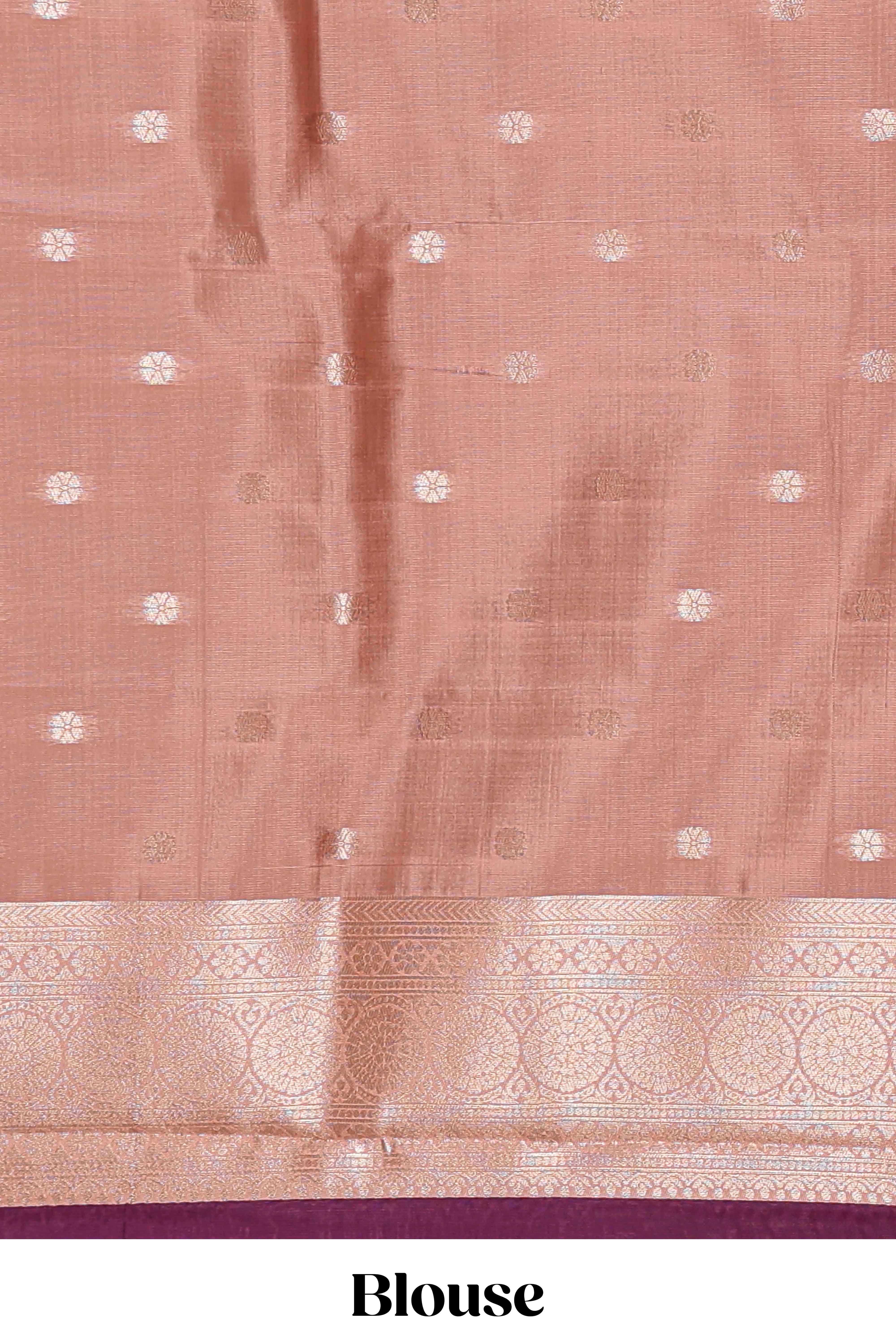 Dark brown checked floral motifs design semi soft silk saree with contrast border and blouse