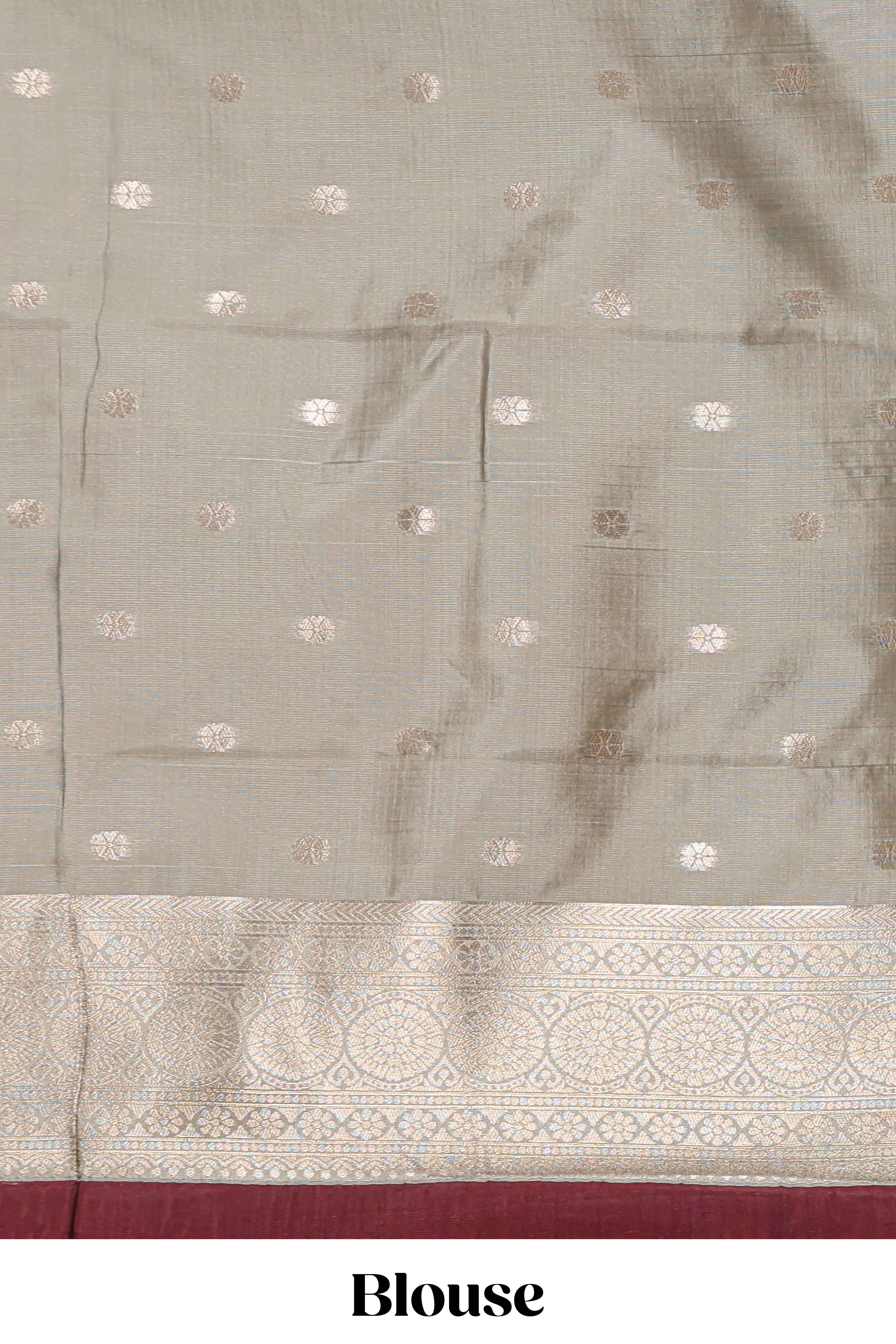 Dark brown checked floral motifs design semi soft silk saree with contrast border and blouse